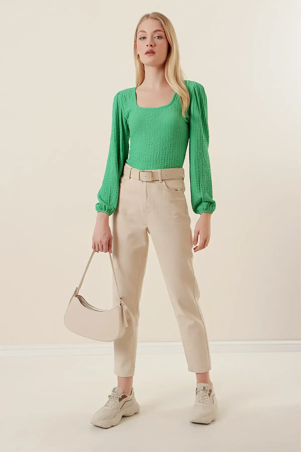 0442 Uzun Kollu Bluz - Yeşil