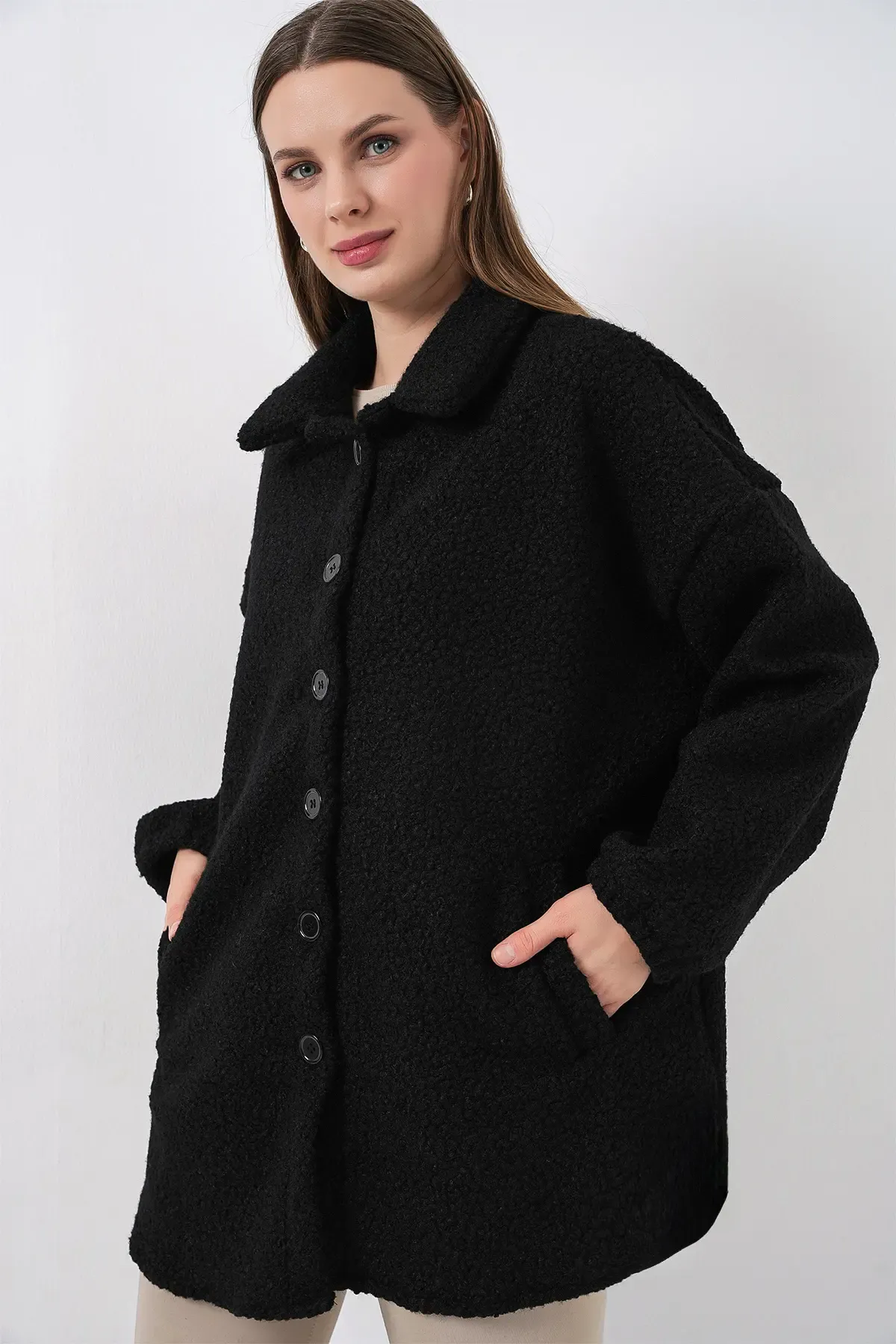 0675 Yün Karışımlı Buklet Ceket - Siyah