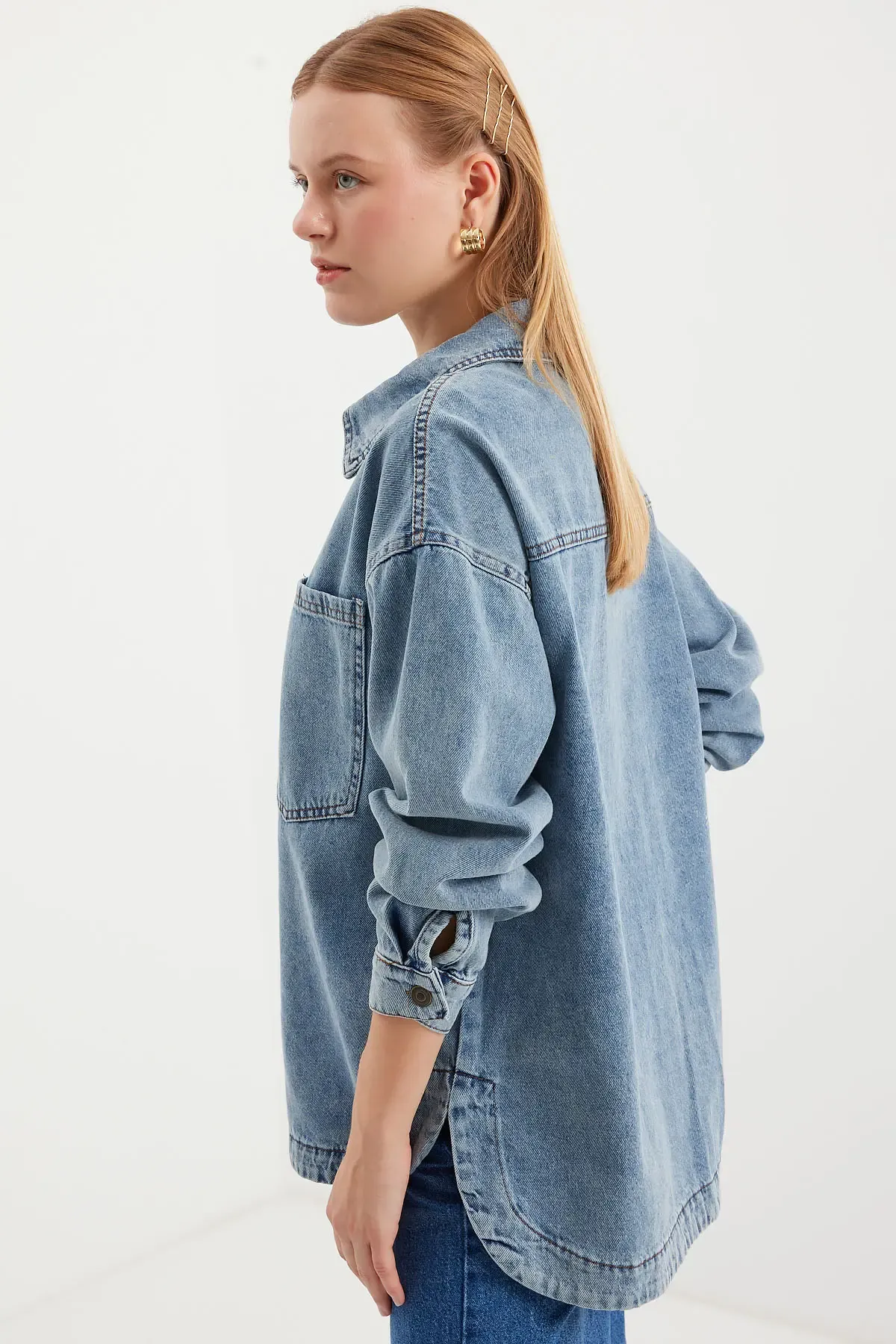 0694 Çift Cepli Oversize Denim Ceket - Buz Mavi