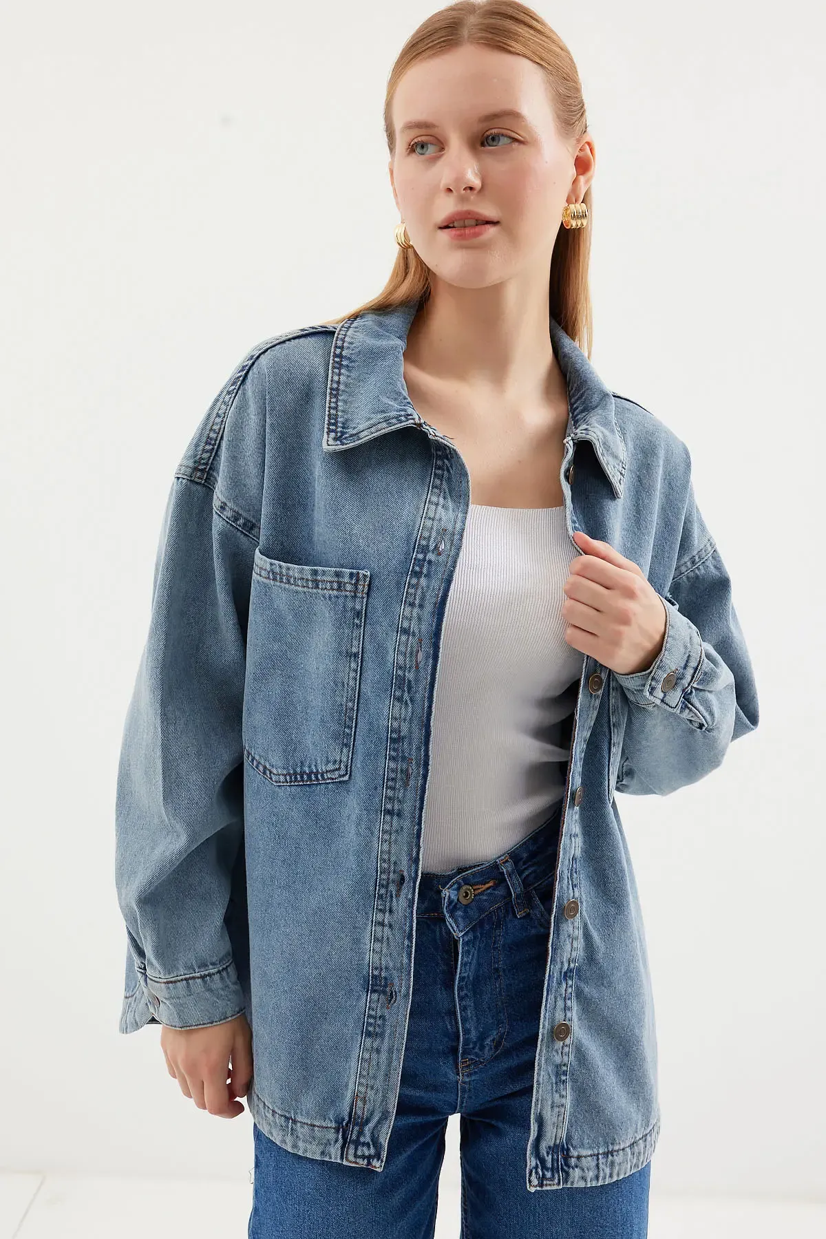 0694 Çift Cepli Oversize Denim Ceket - Buz Mavi
