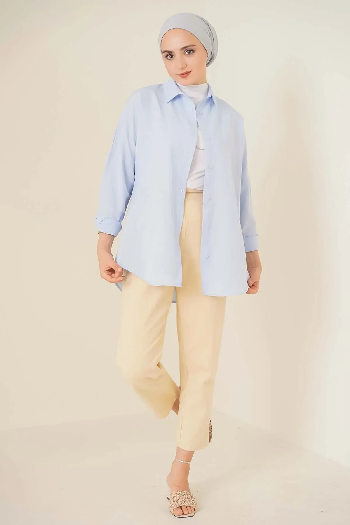 103901 Oversize Basic Tesettür Gömlek - Açık Mavi