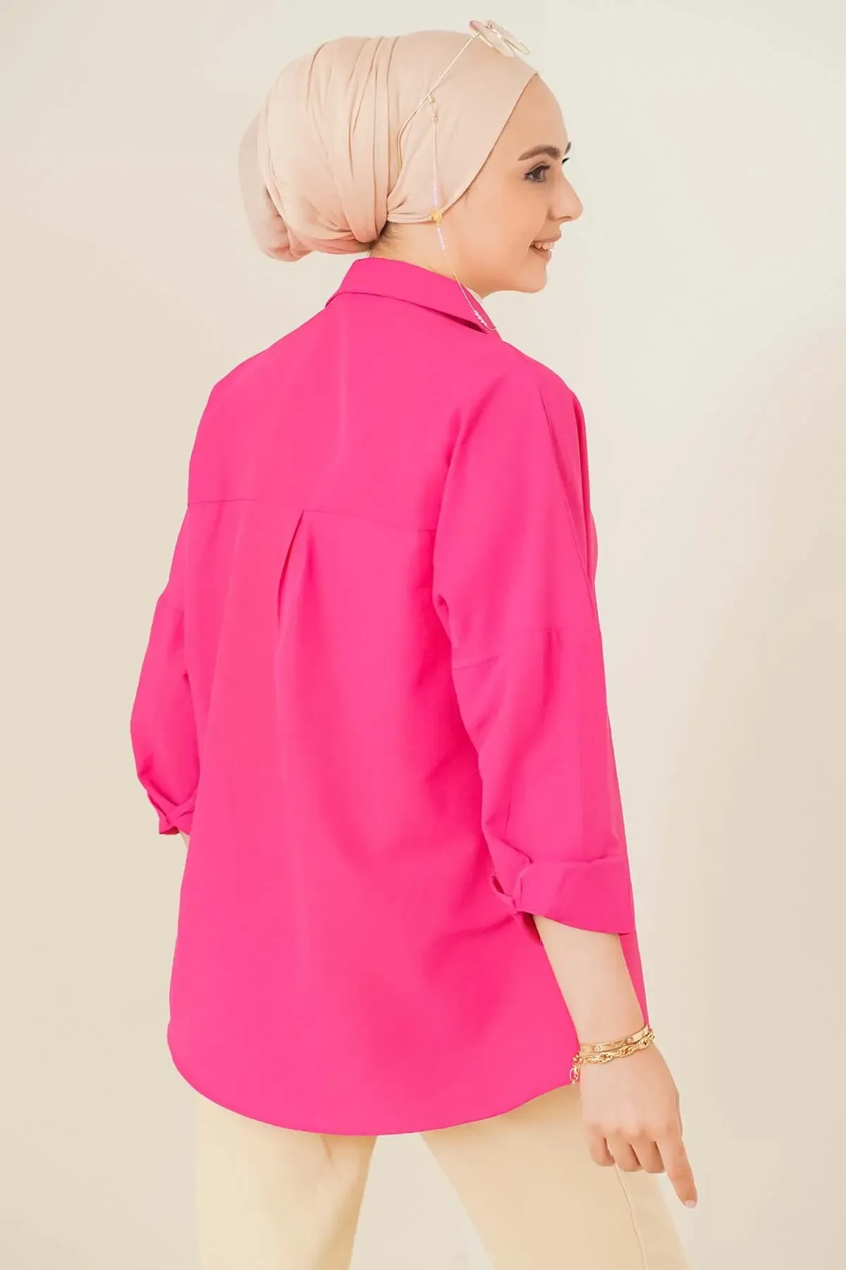 103901 Oversize Basic Tesettür Gömlek - Koyu Pembe