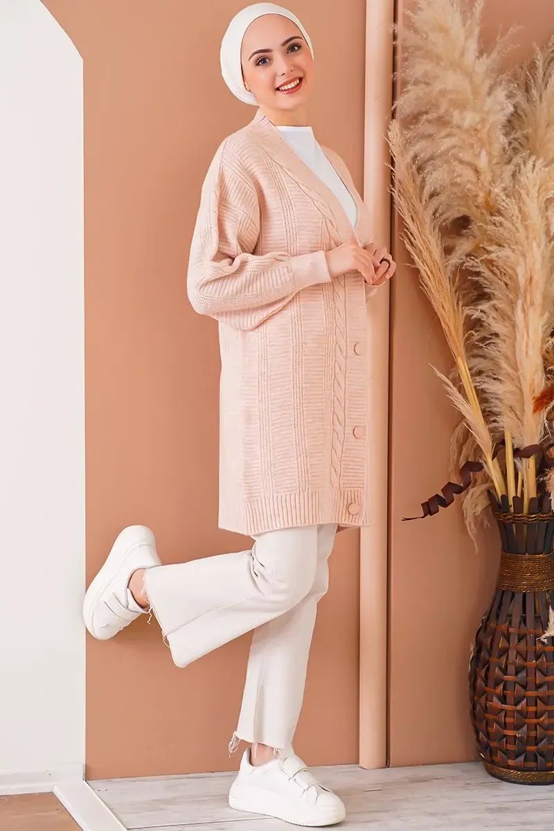 15768 Tesettür Triko Hırka - Pudra