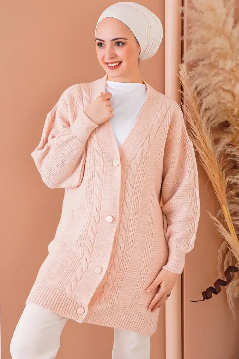 15768 Tesettür Triko Hırka - Pudra