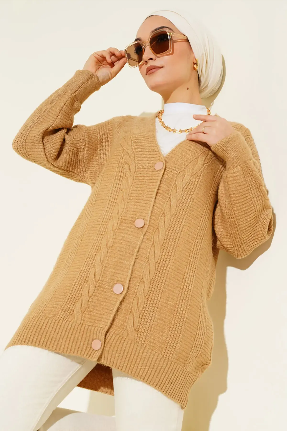 15768 Tesettür Triko Hırka - Vizon