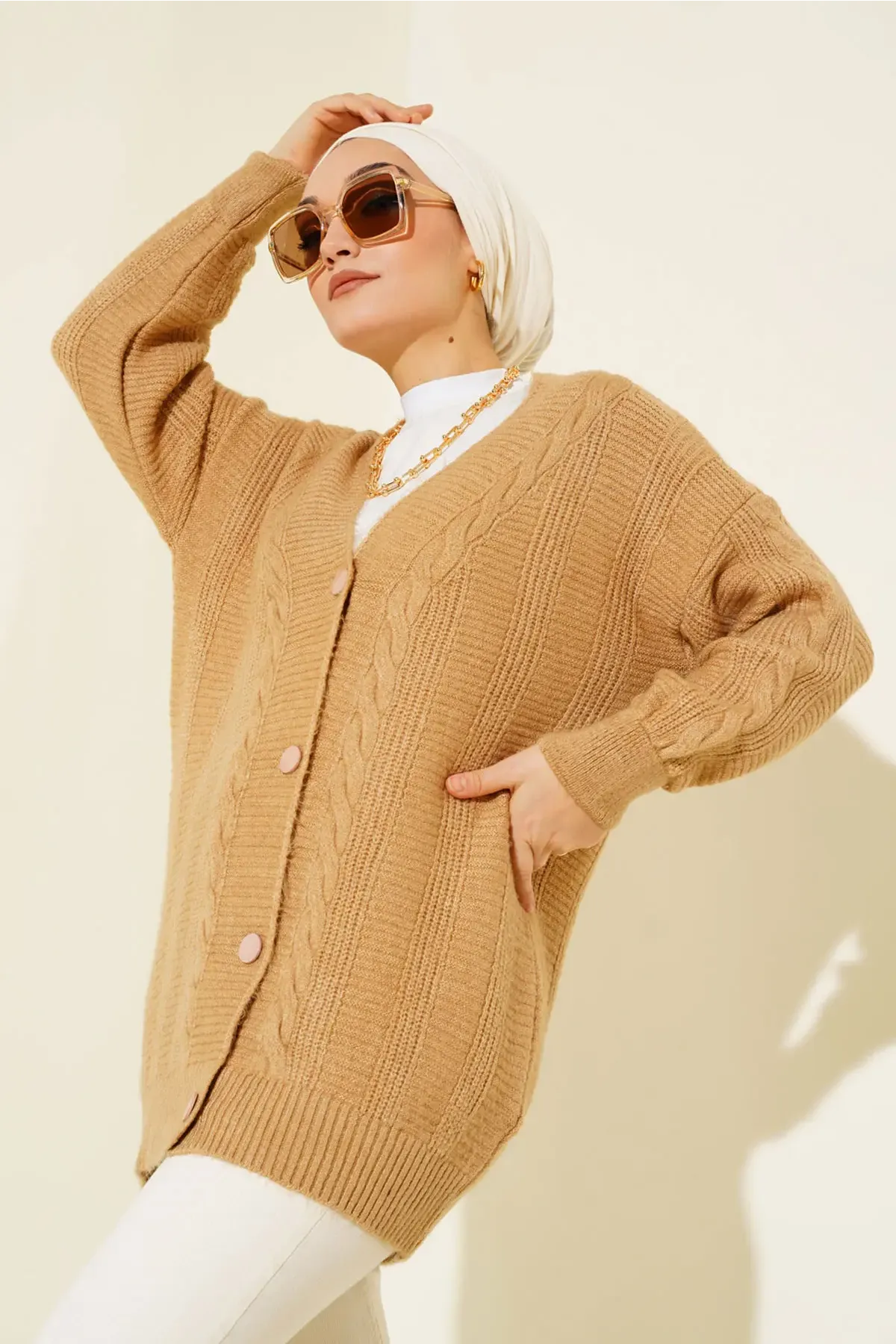 15768 Tesettür Triko Hırka - Vizon