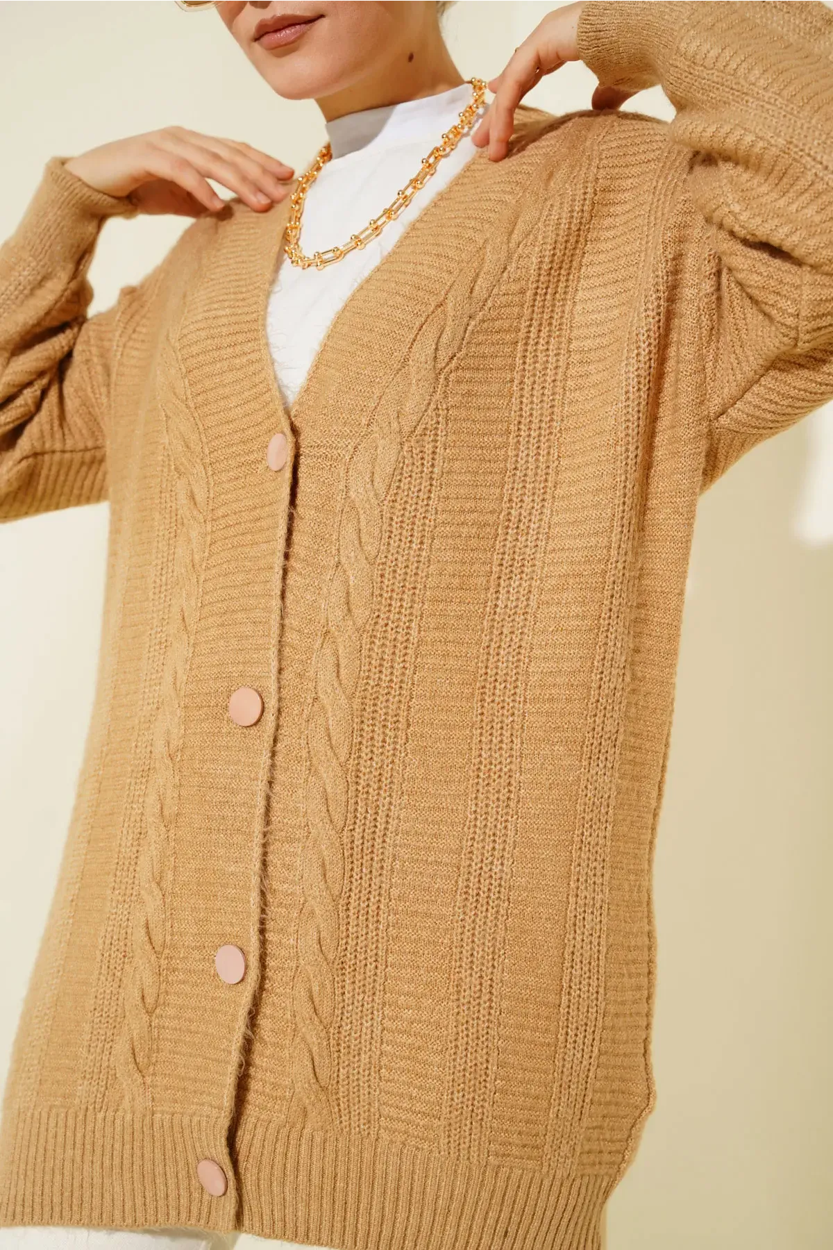 15768 Tesettür Triko Hırka - Vizon