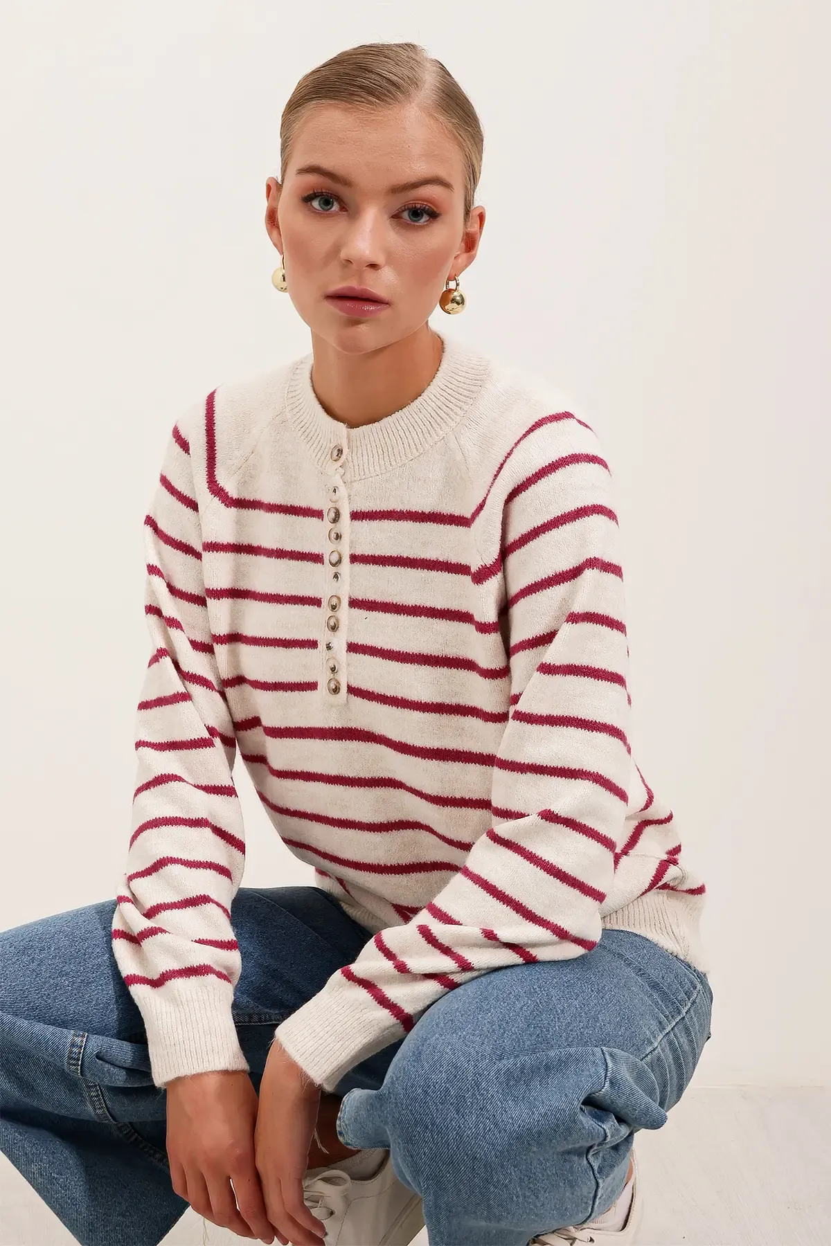 15808 Düğmeli Kazak - C. Fuşya