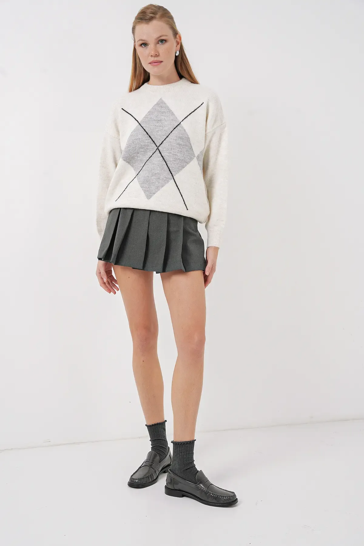 15895 Baklava Desenli Oversize Triko Kazak - A.Gri