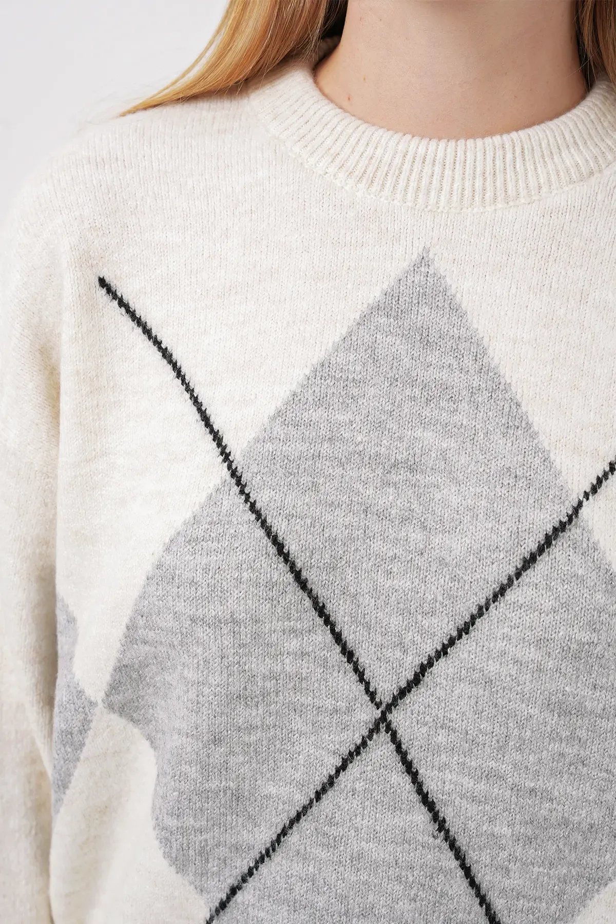 15895 Baklava Desenli Oversize Triko Kazak - A.Gri