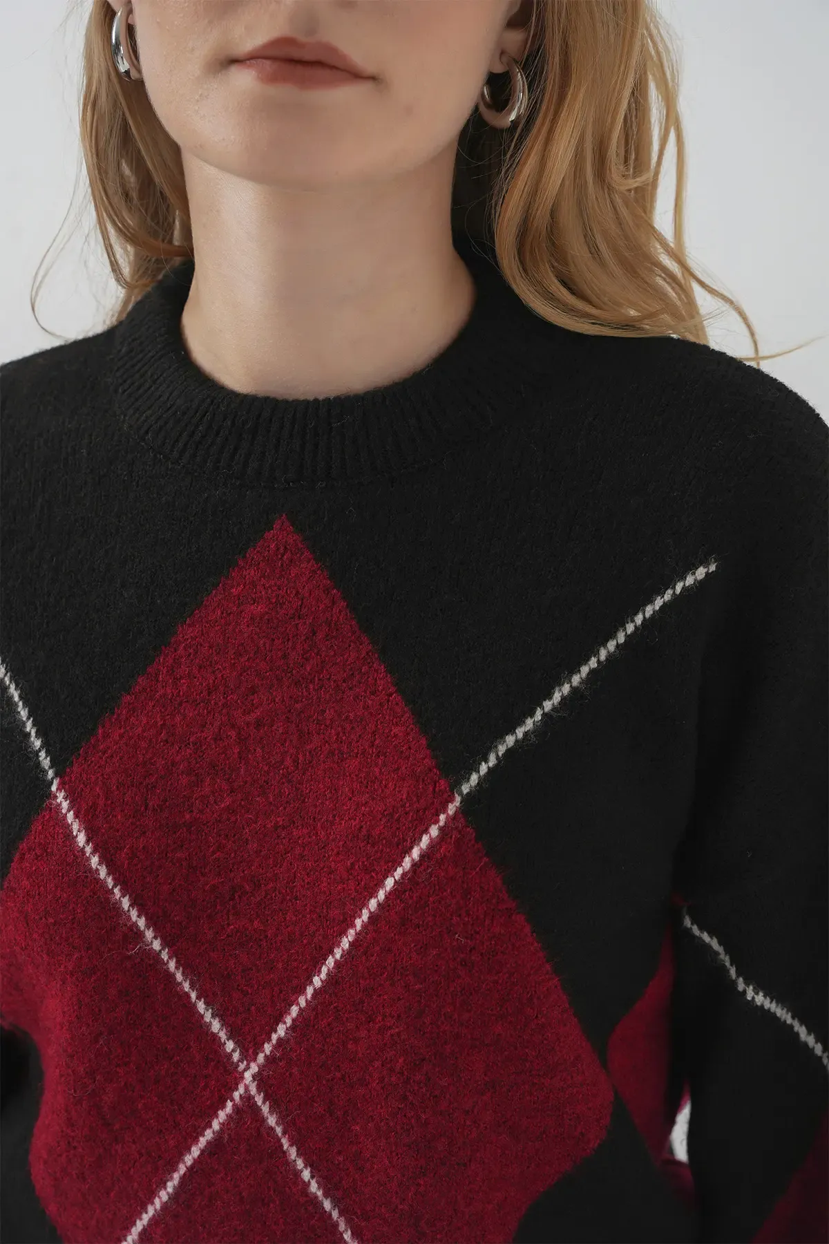 15895 Baklava Desenli Oversize Triko Kazak - D. Siyah