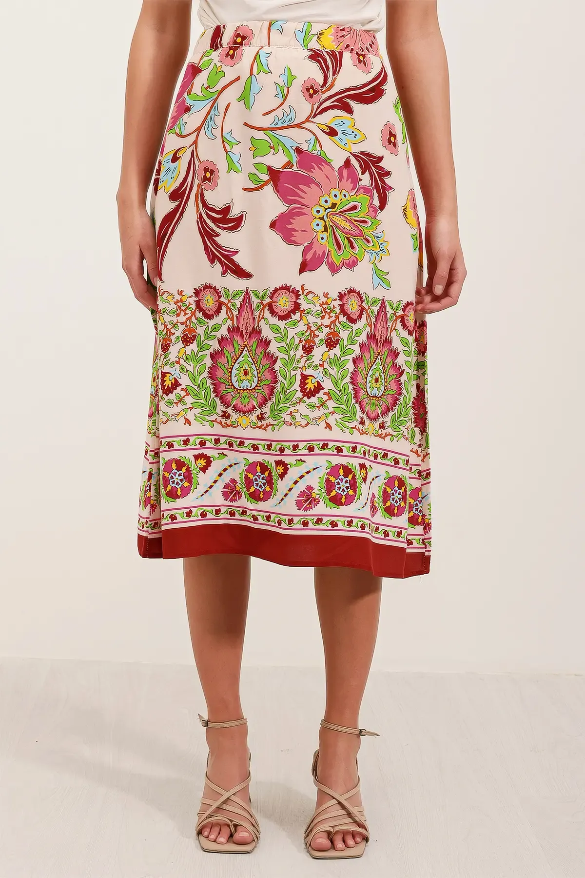 1899 Desenli Midi Etek - Bordo