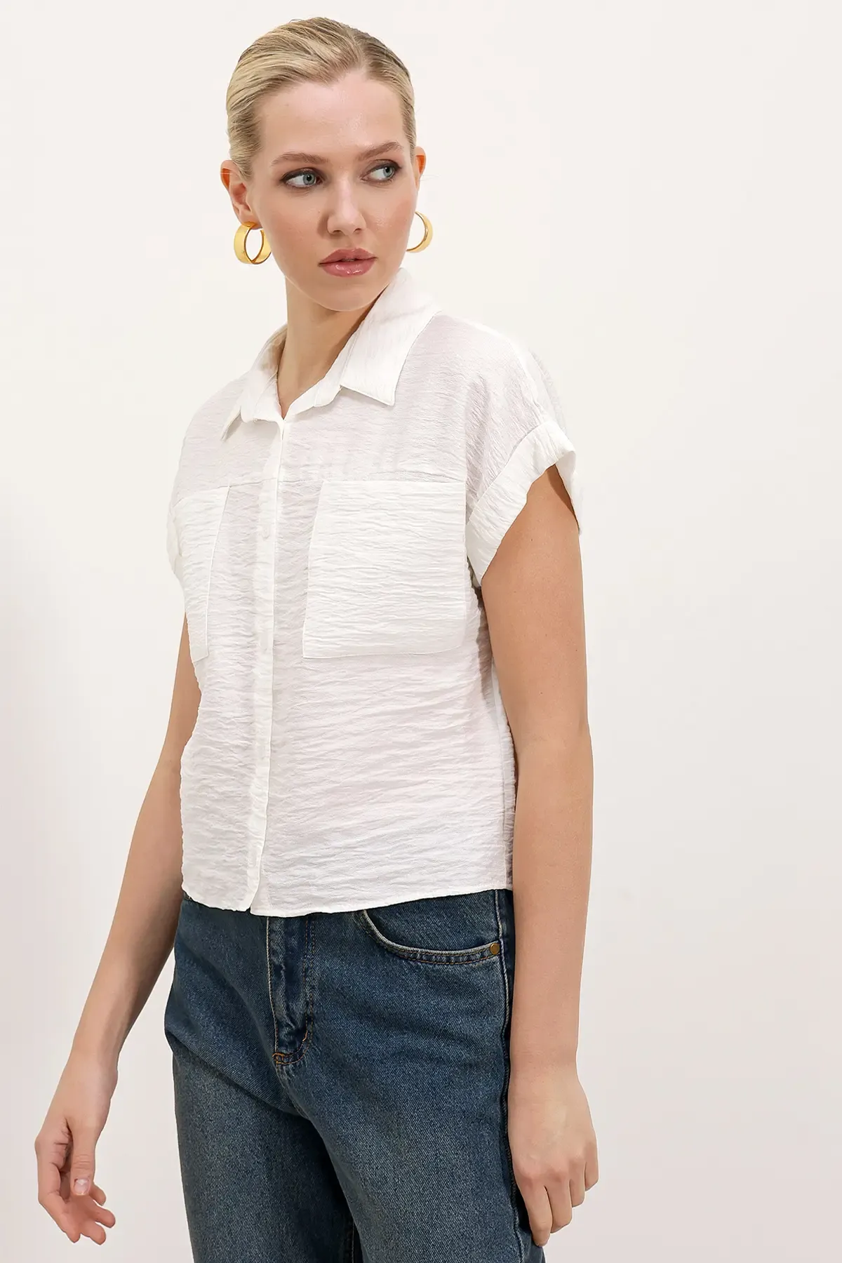 20198 Çift Cepli Kısa Kol Gömlek - Beyaz