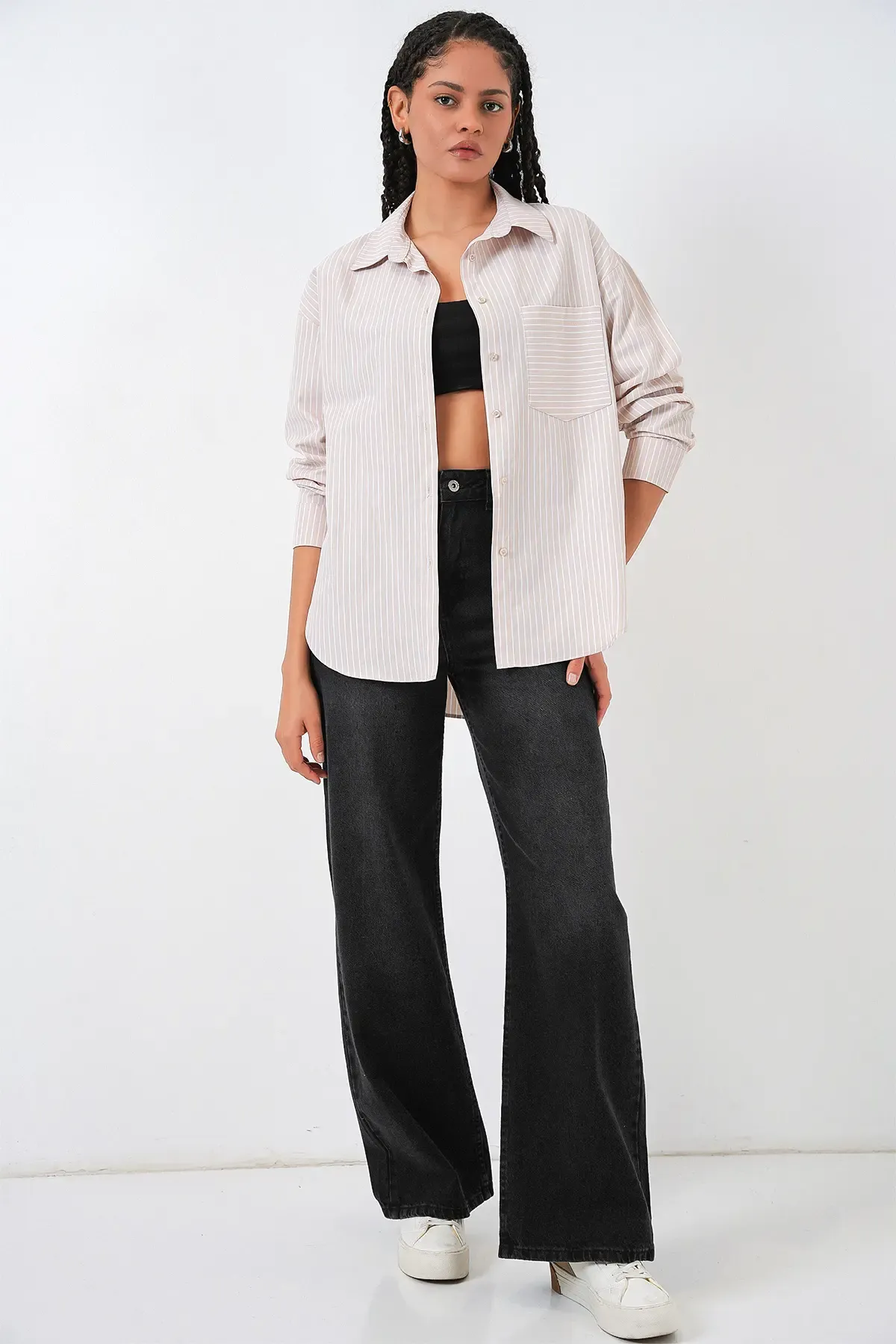 20205 Çizgili Oversize Gömlek - Krem