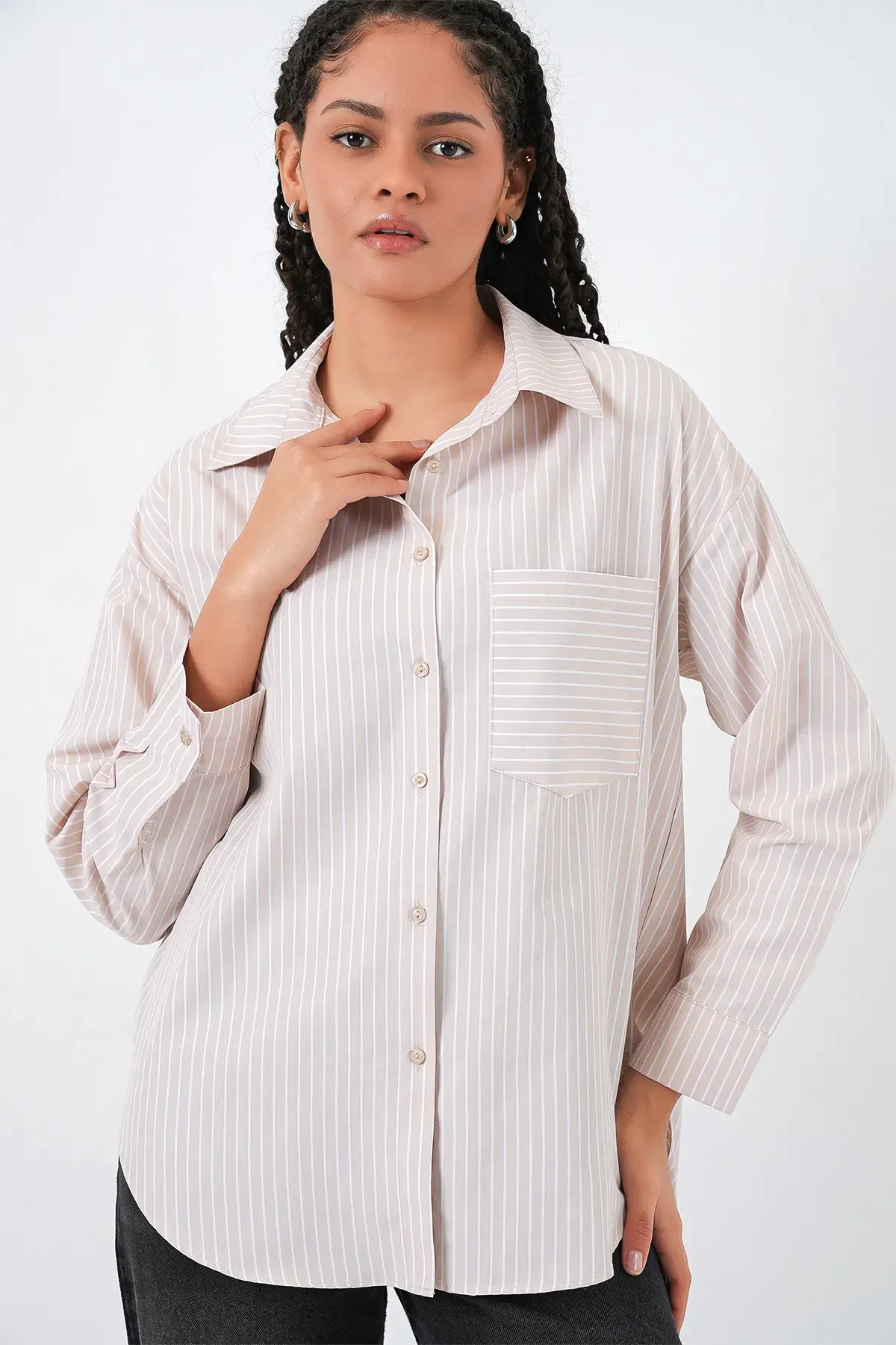 20205 Çizgili Oversize Gömlek - Krem
