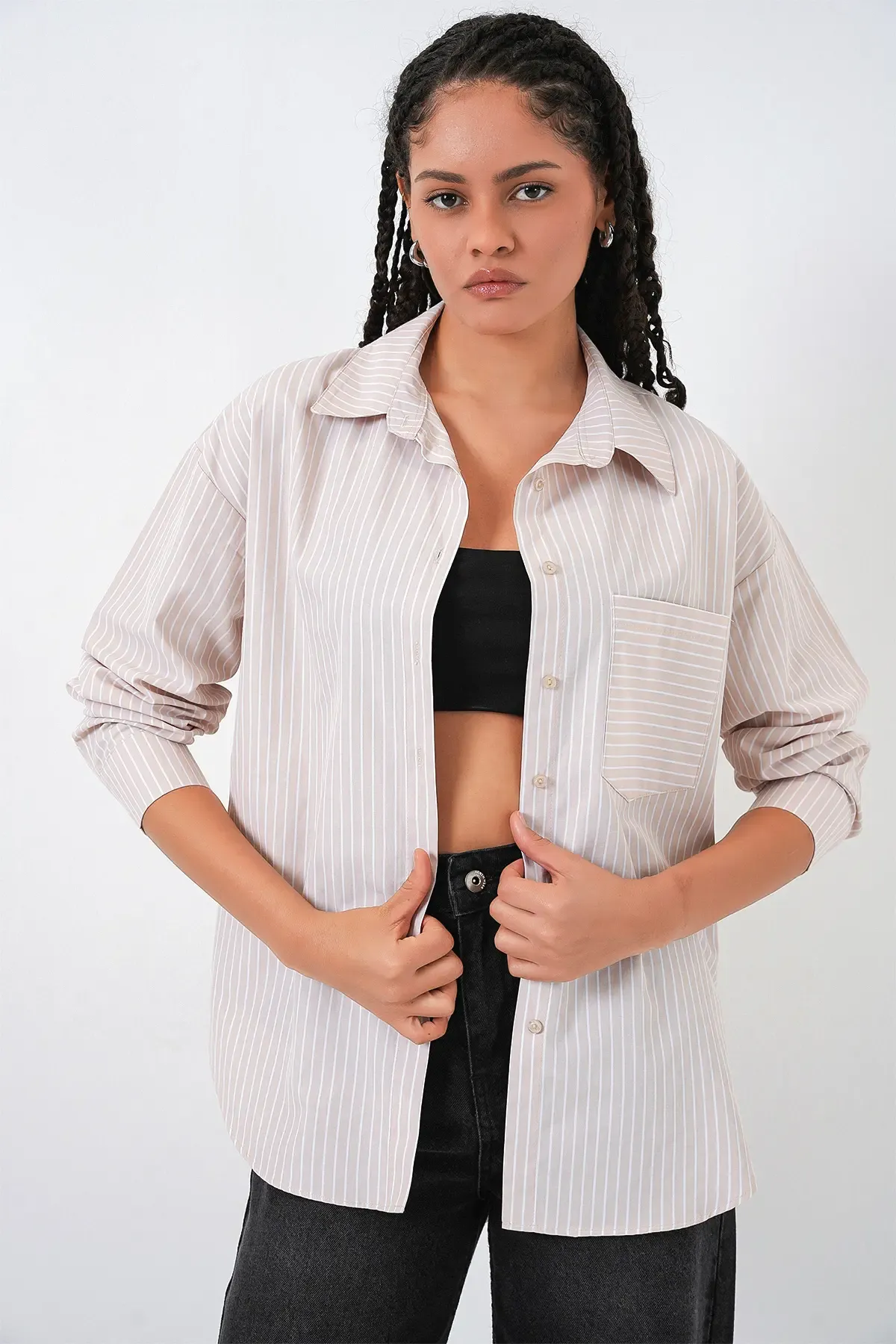 20205 Çizgili Oversize Gömlek - Krem