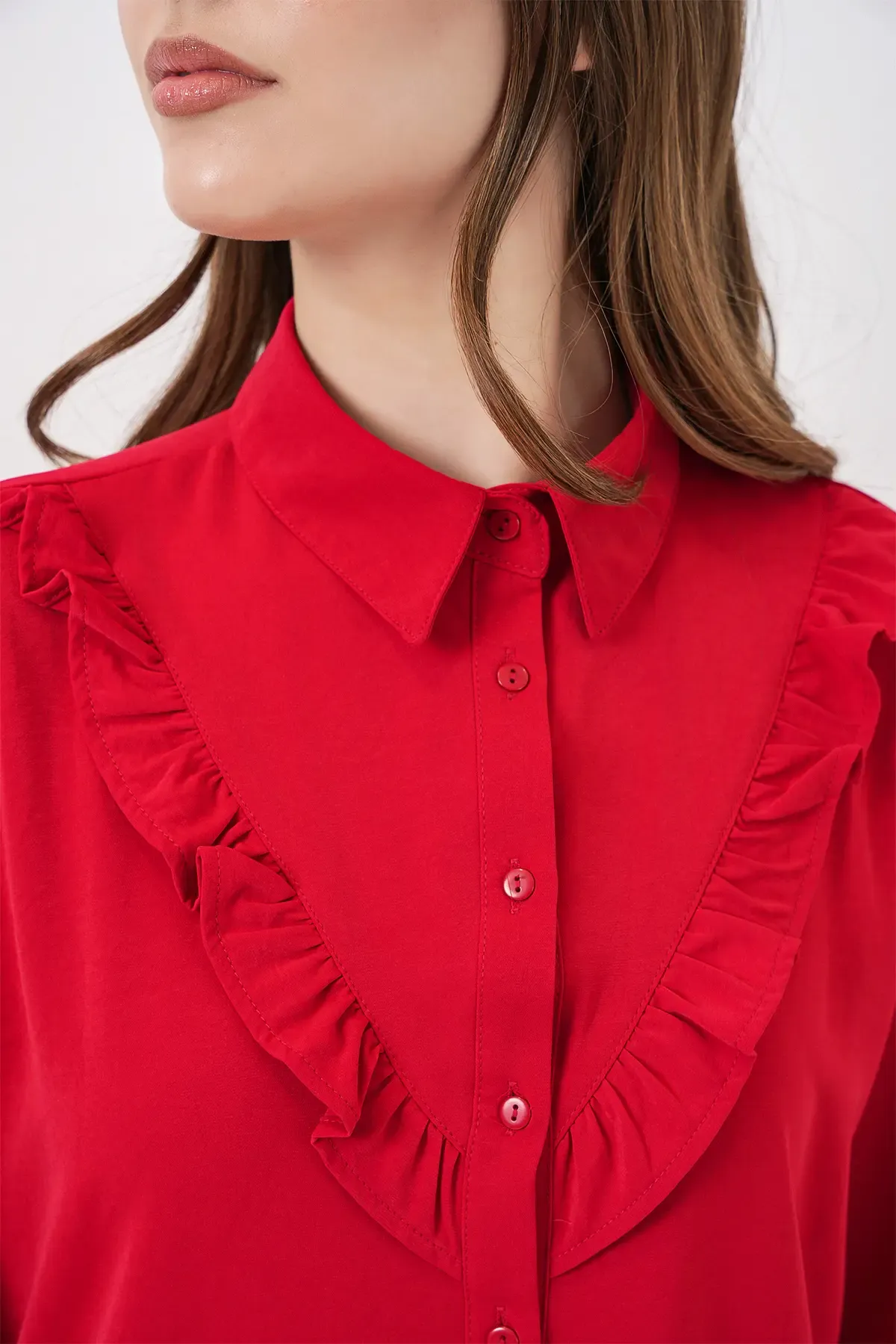 20223 Fırfırlı Uzun Kol Gömlek - Kırmızı