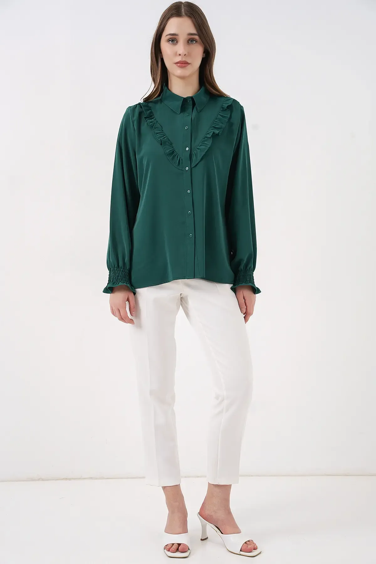 20223 Fırfırlı Uzun Kol Gömlek - Zümrüt Yeşili