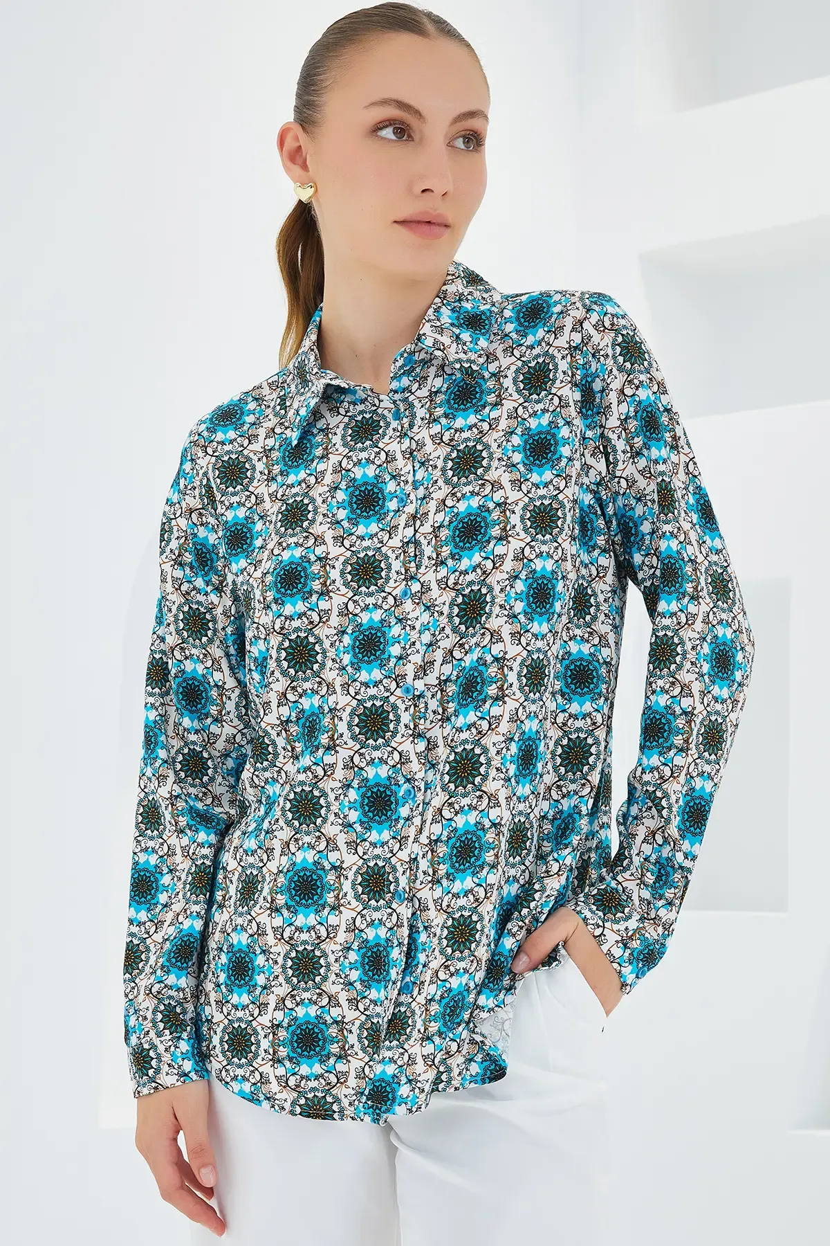 3721 Grafik Desenli Gömlek - B.Mavi