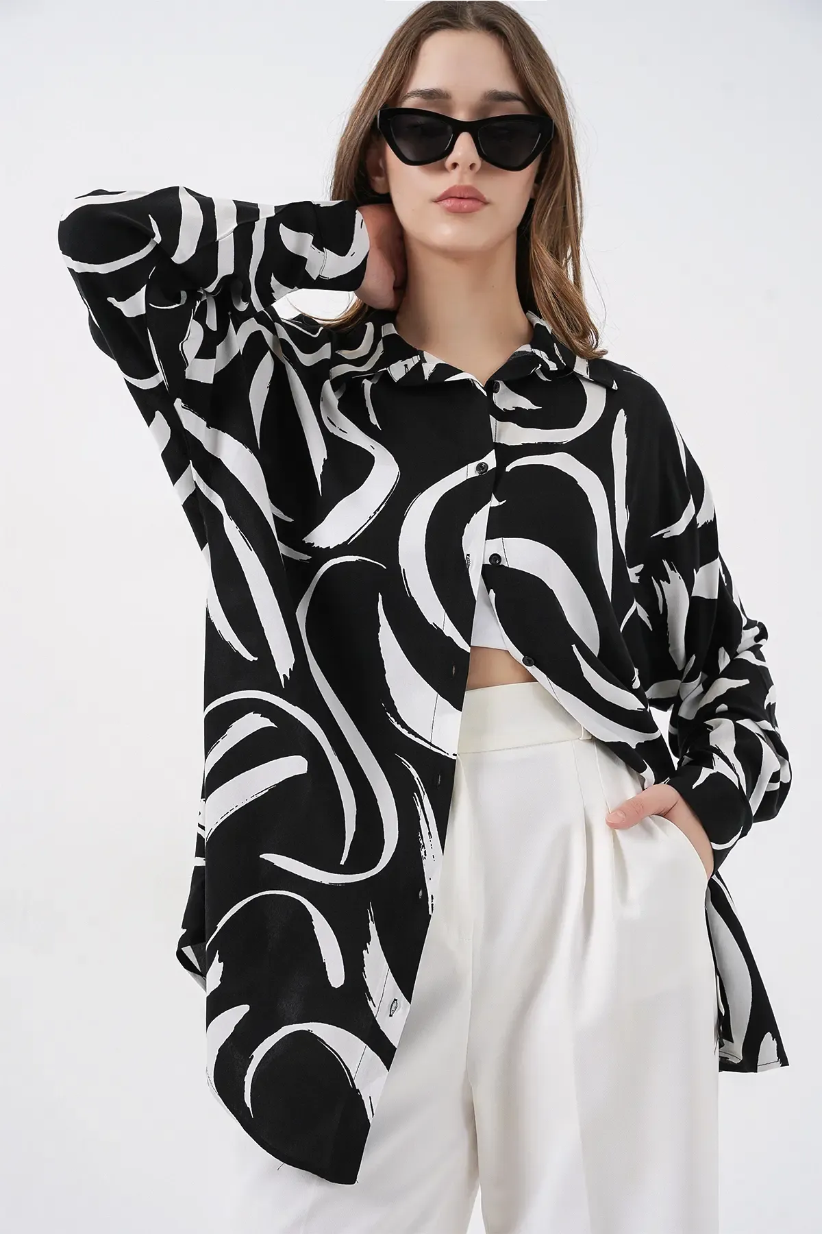 3721 Grafik Desenli Gömlek - F. Siyah