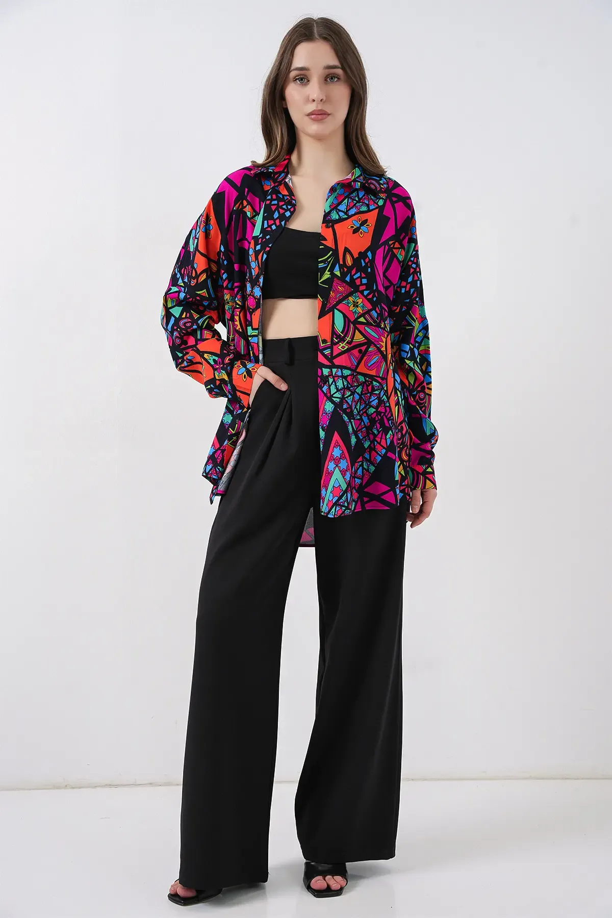 3721 Grafik Desenli Gömlek - Fuşya