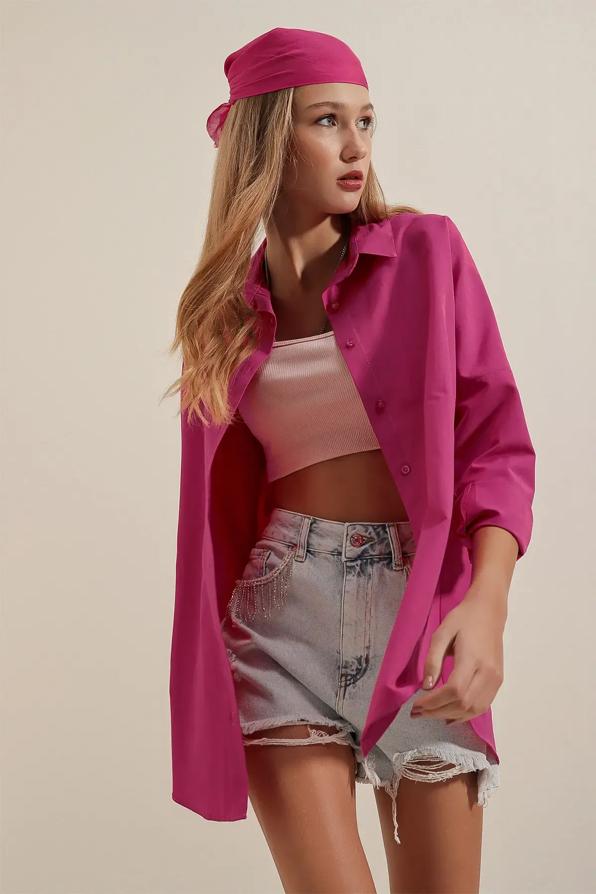 3900 Oversize Uzun Basic Gömlek - Koyu Pembe