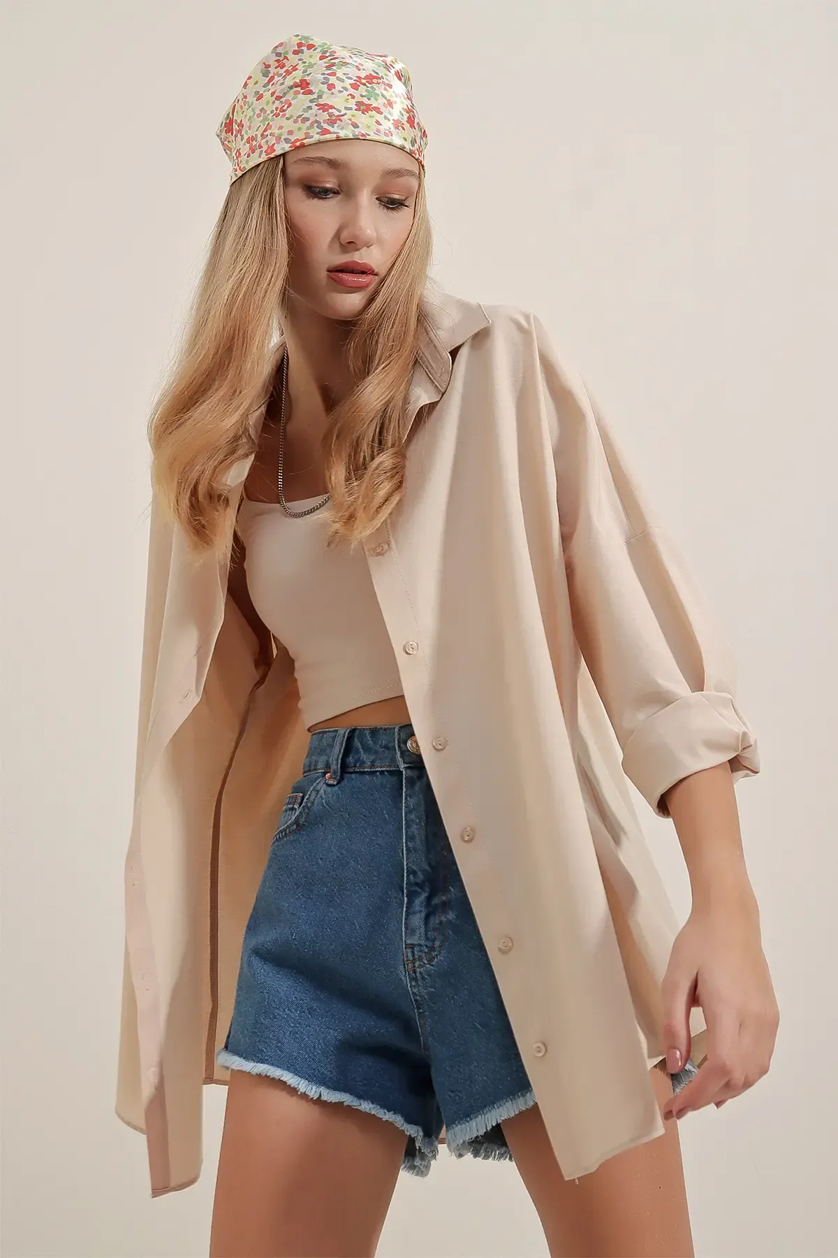 3900 Oversize Uzun Basic Gömlek - Krem