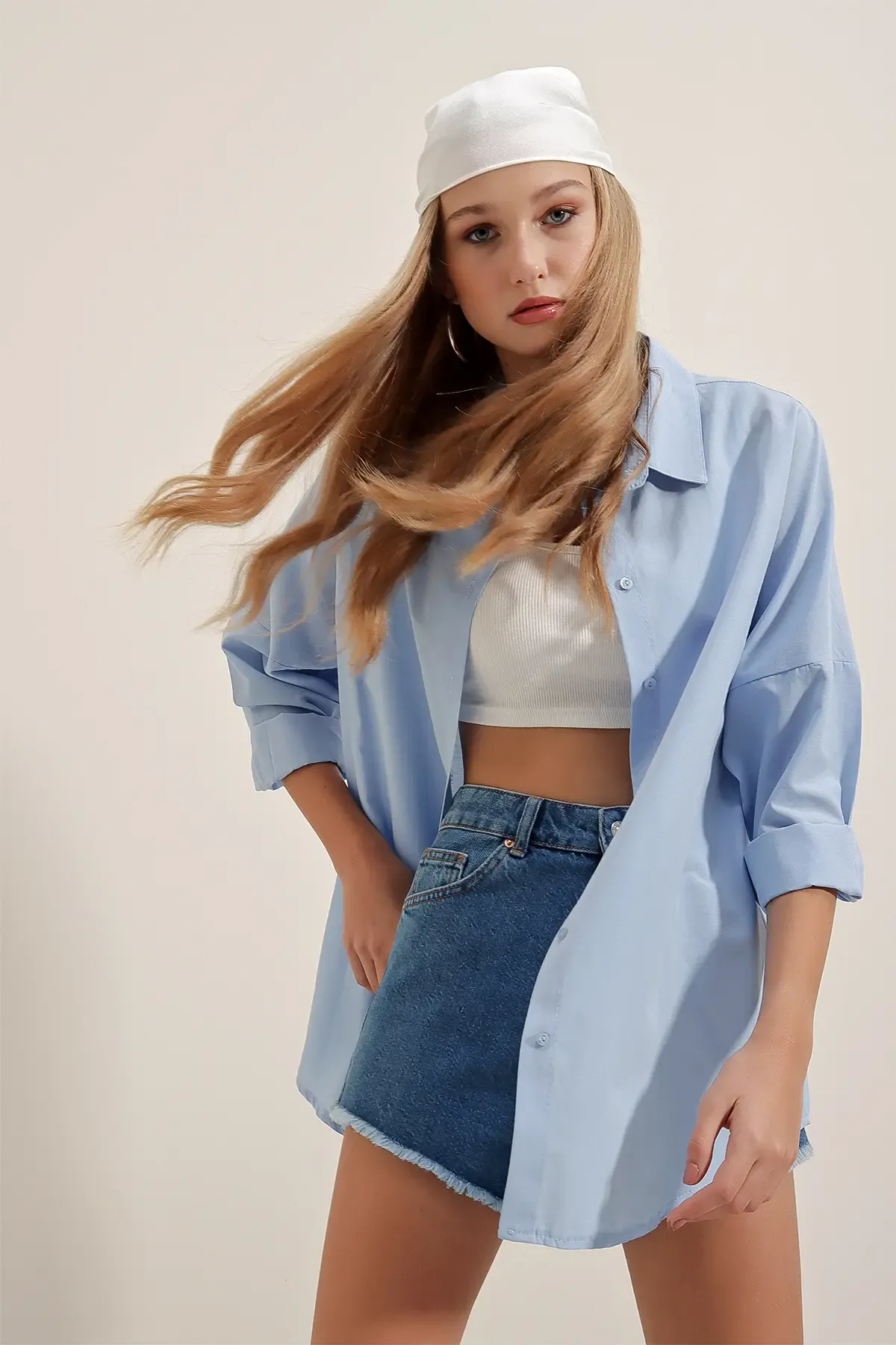 3900 Oversize Uzun Basic Gömlek - Mavi