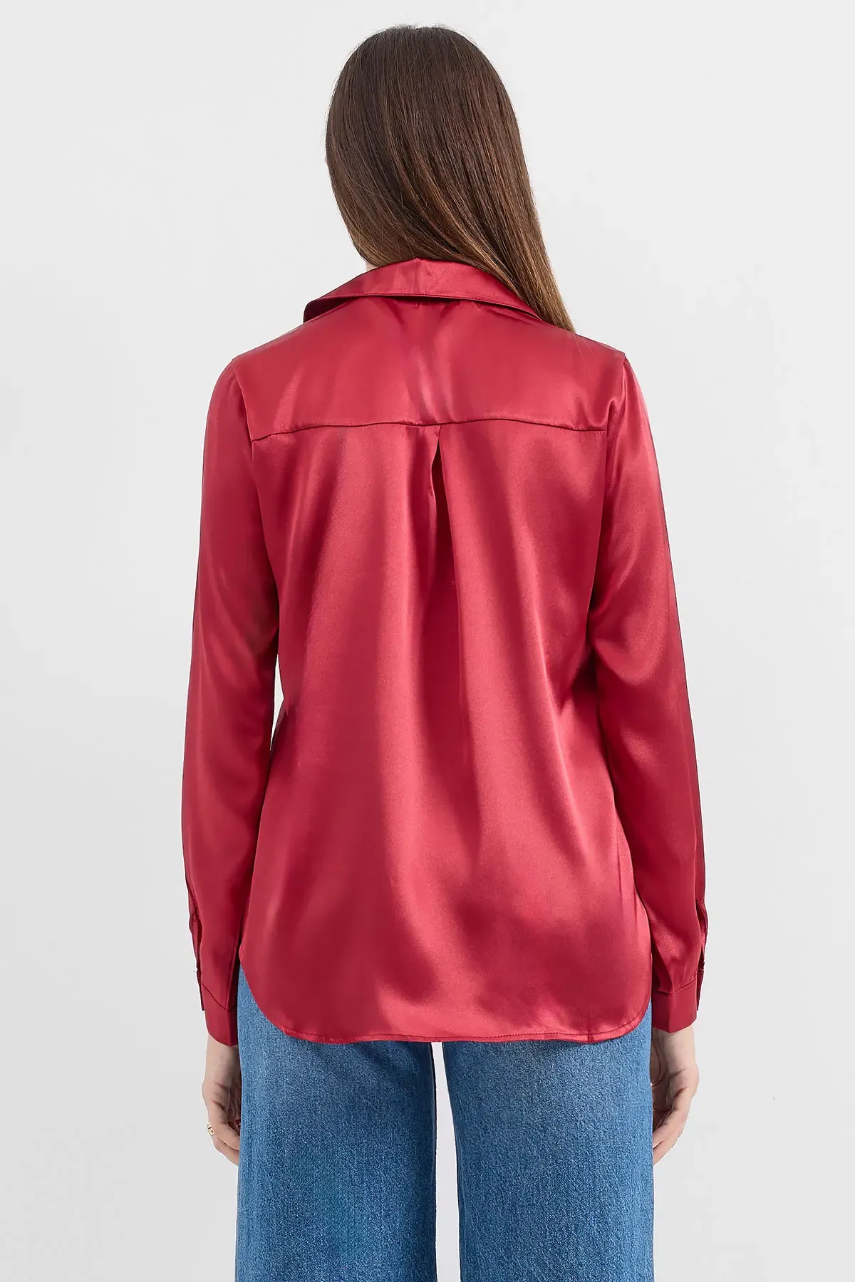 3964 Hafif Dökümlü Saten Gömlek - A.Bordo