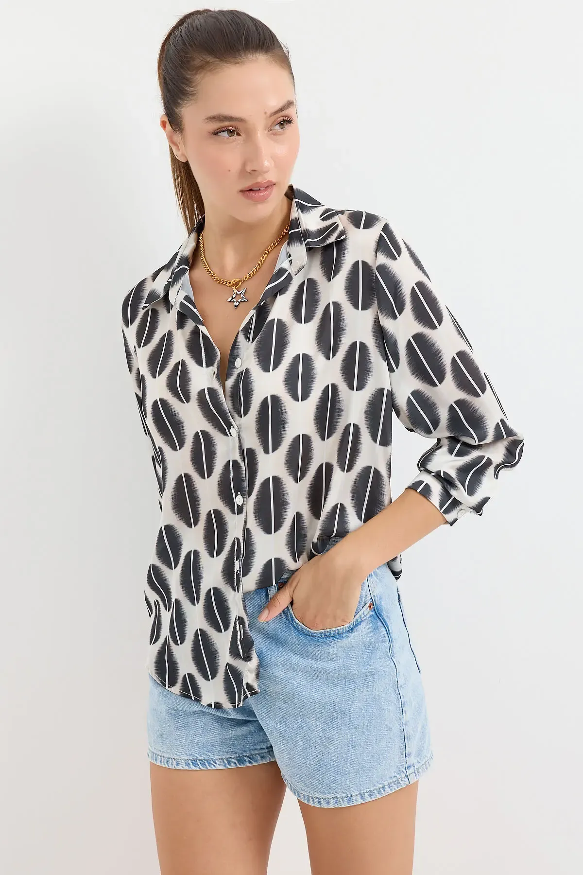 3964 Hafif Dökümlü Saten Gömlek - B. Siyah