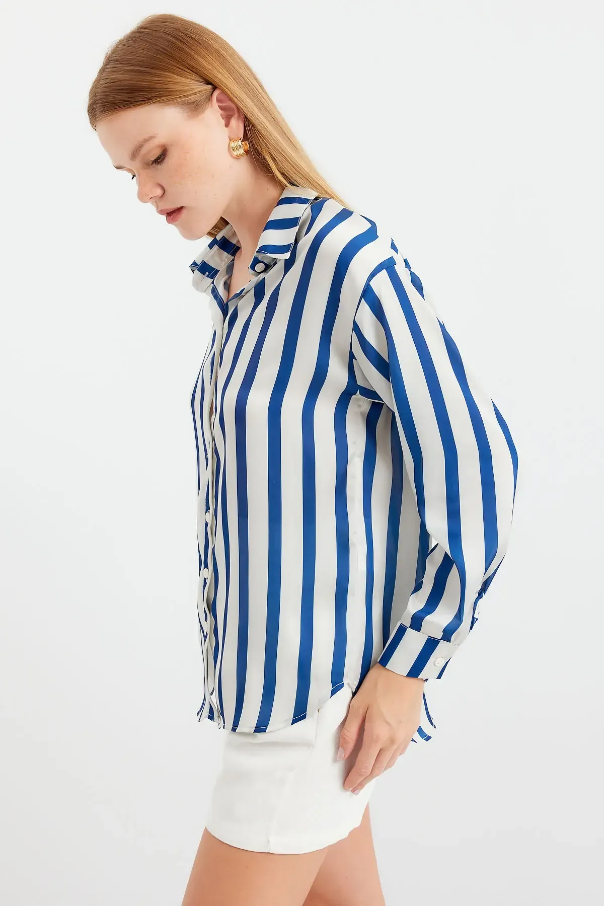 3964 Hafif Dökümlü Saten Gömlek - B.Lacivert