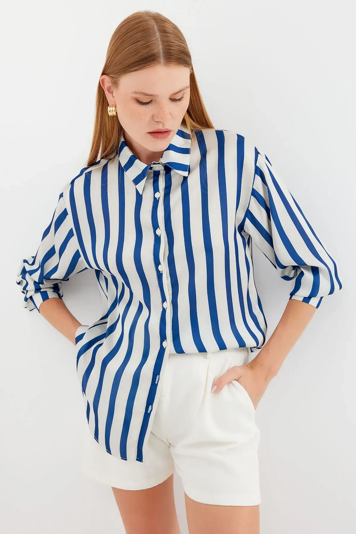 3964 Hafif Dökümlü Saten Gömlek - B.Lacivert