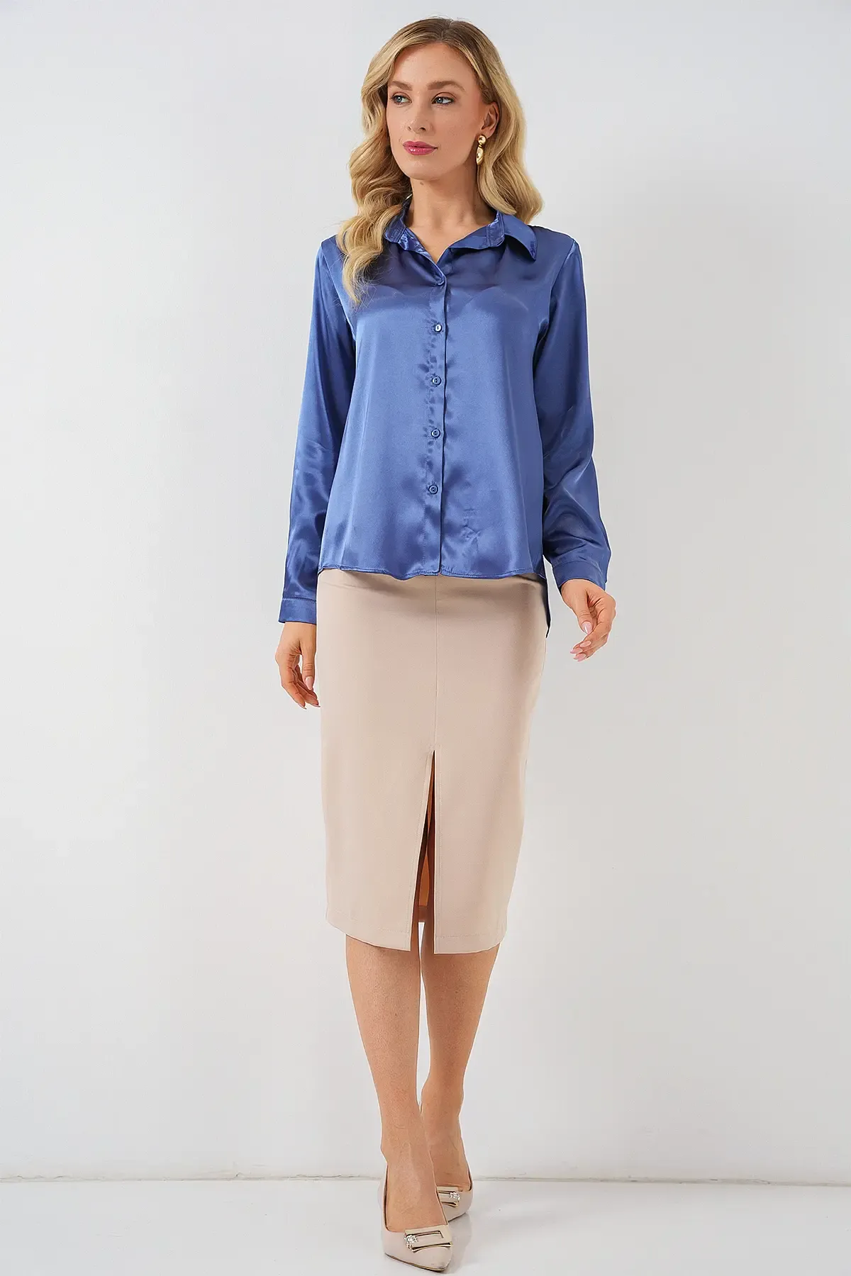 3964 Hafif Dökümlü Saten Gömlek - C.Lacivert