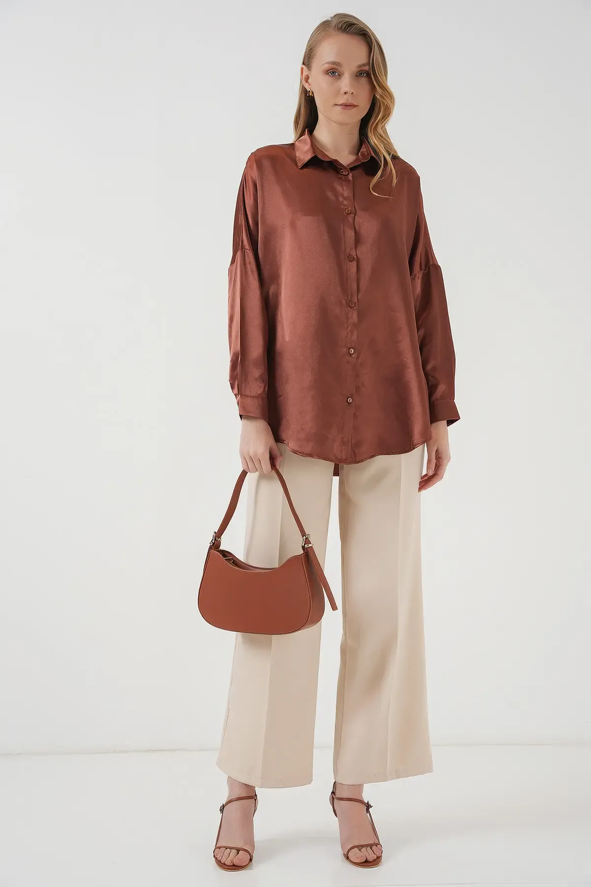 3985 Oversize Saten Gömlek - Taba