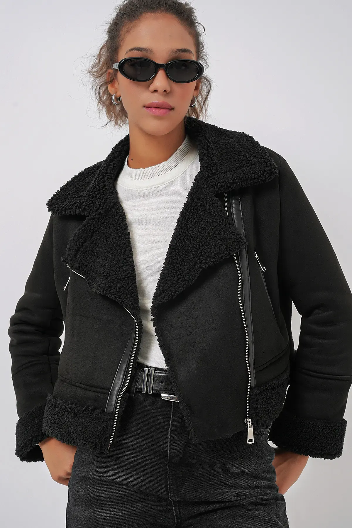 5155 Kruvaze Yaka Suni Kürklü Deri Mont - Siyah