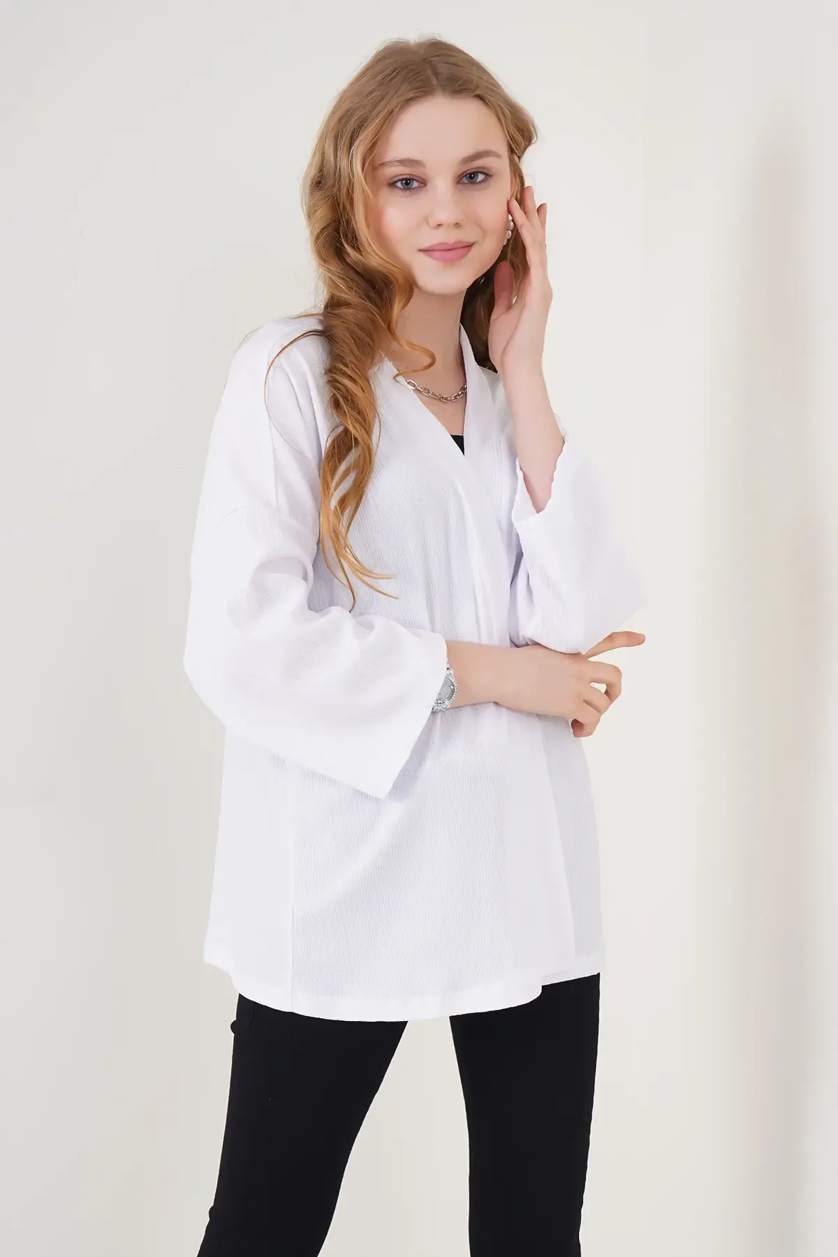 5862 Örme Kimono - Beyaz