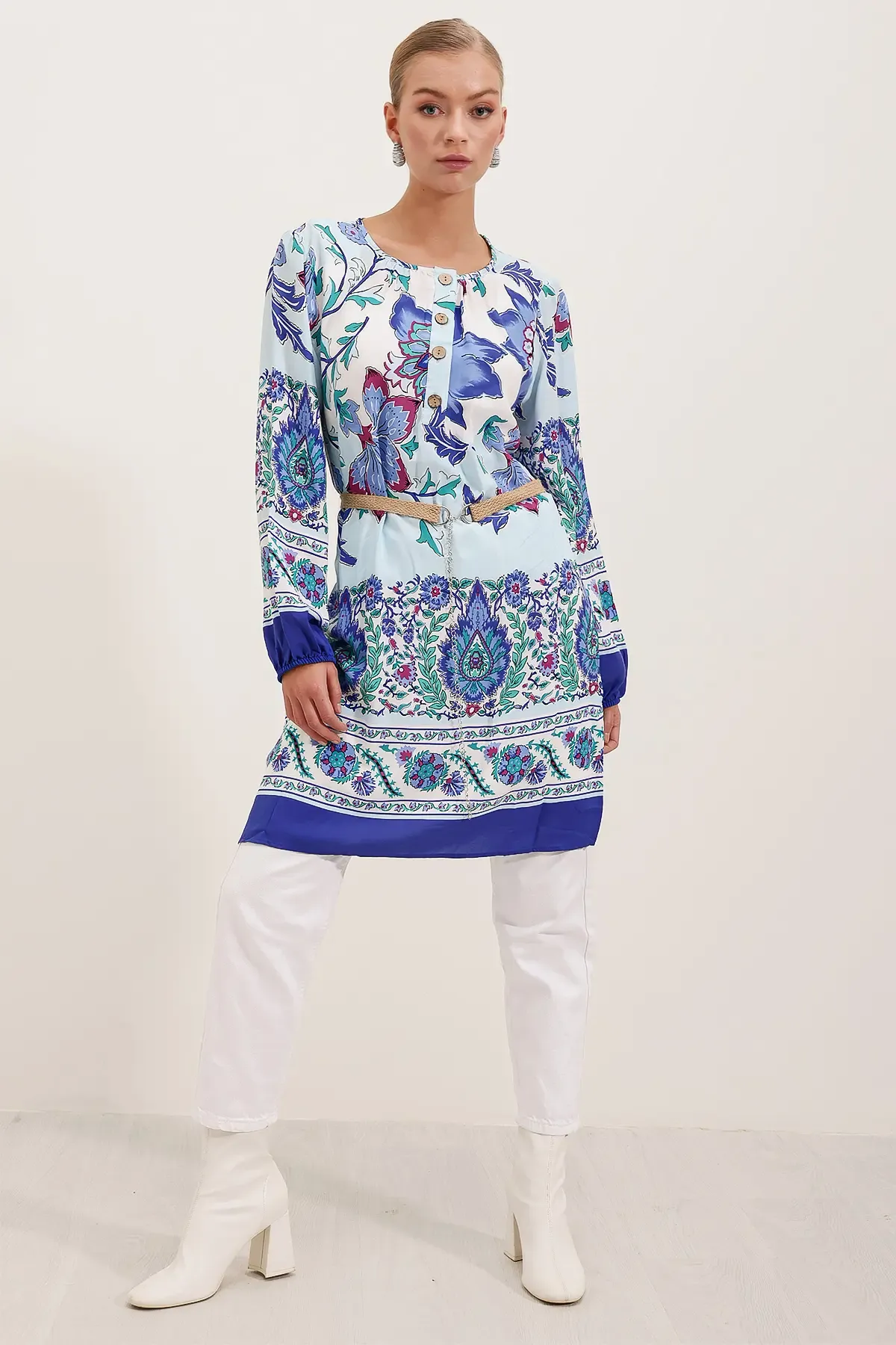 5902 Kemerli Desenli Elbise - Saks