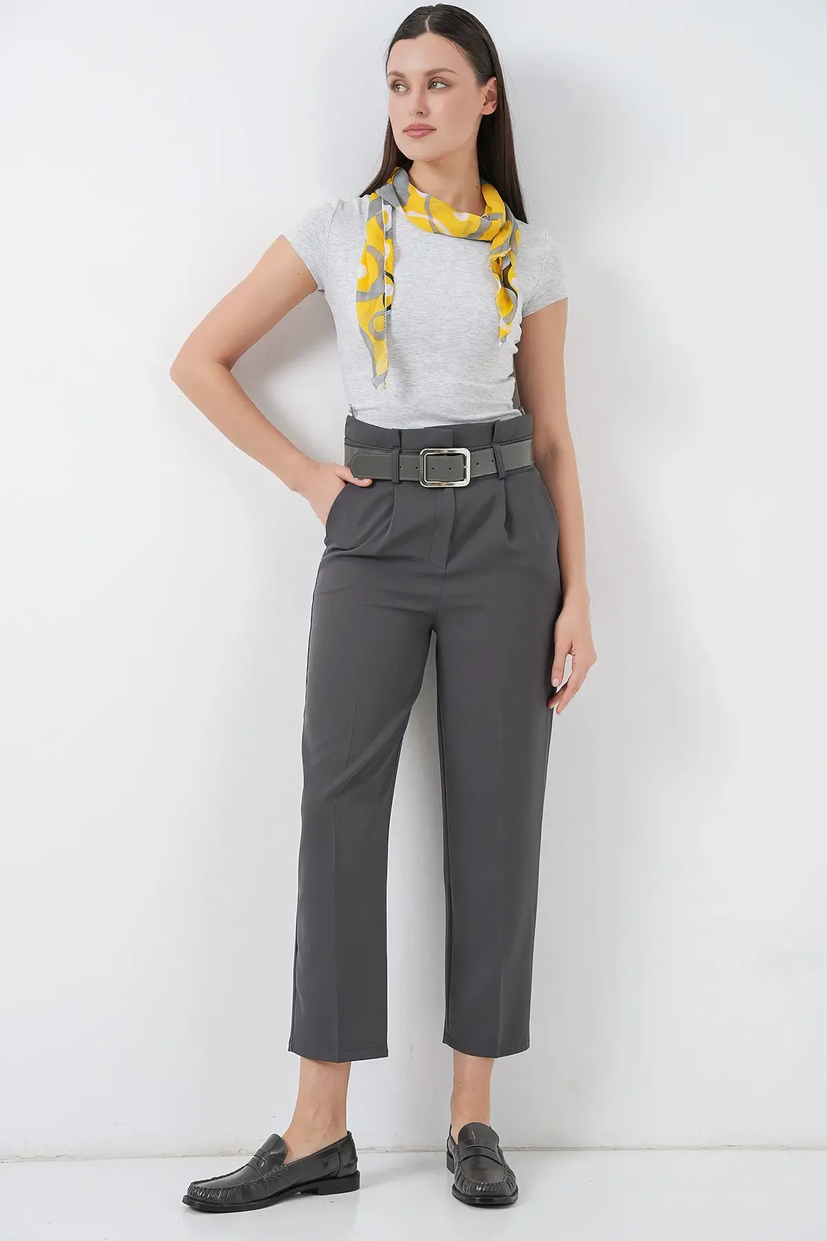 6556 Kemerli Kumaş Pantolon - Antrasit