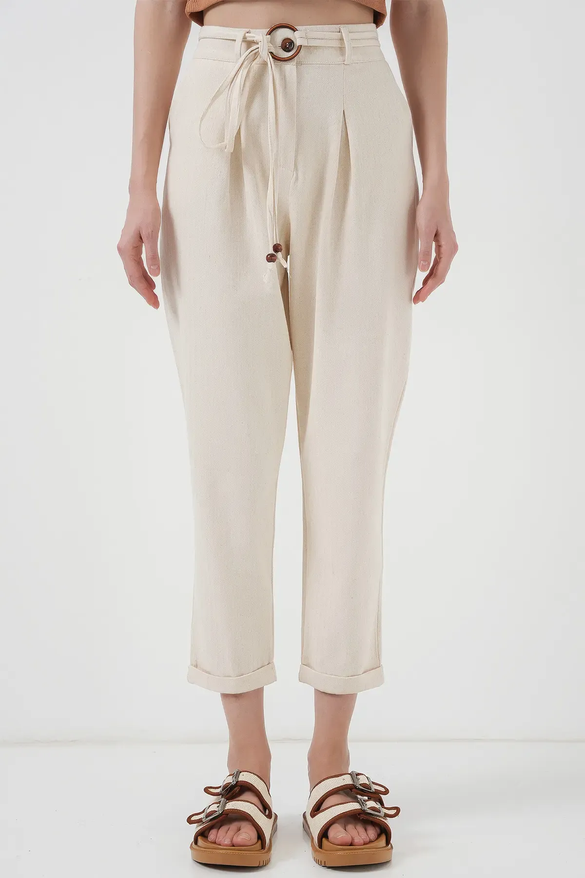 6660 Kemerli Keten Pantolon - Krem