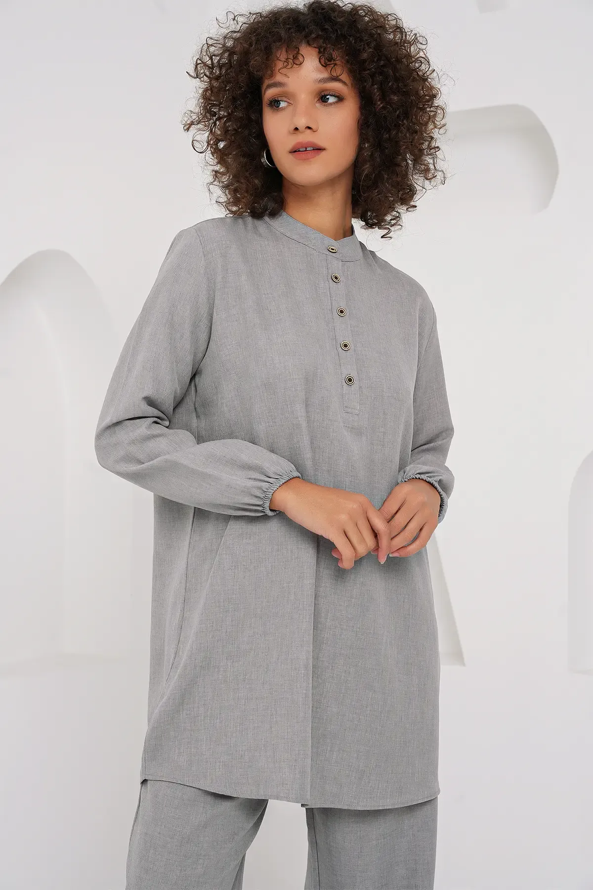 6678 Keten Tunik Pantolon İkili Takım - Gri