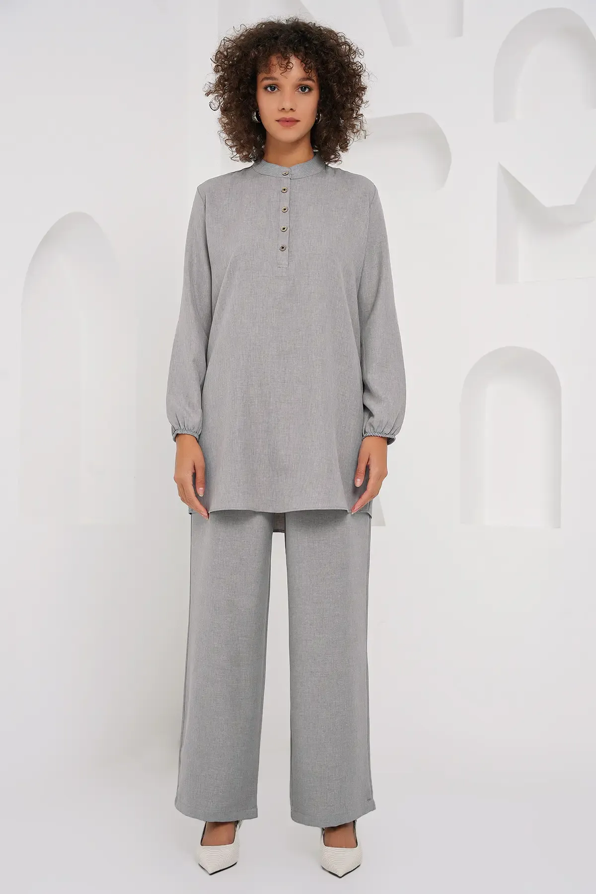 6678 Keten Tunik Pantolon İkili Takım - Gri