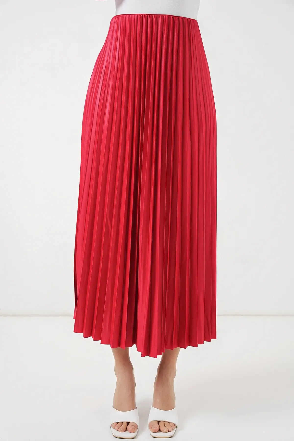 8009 Deri Görünümlü Piliseli Etek - Kırmızı