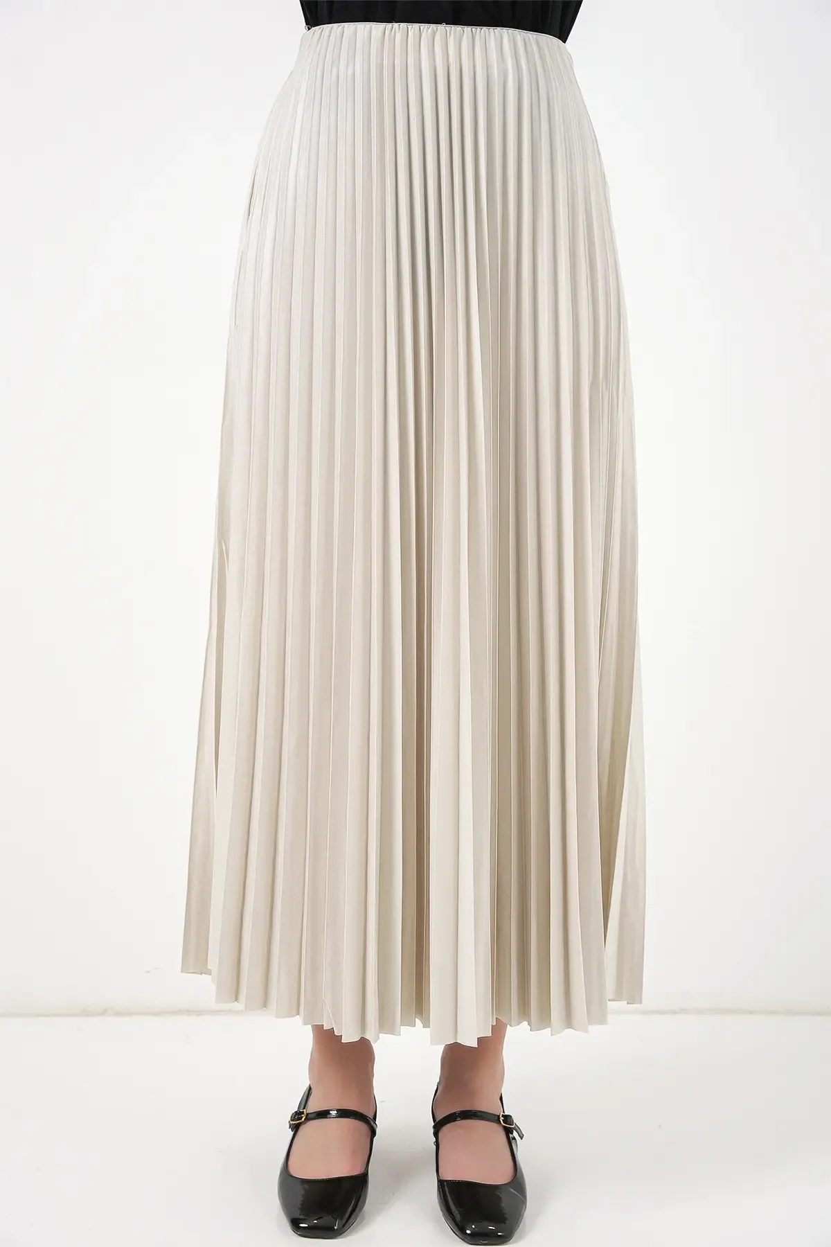 8009 Deri Görünümlü Piliseli Etek - Krem