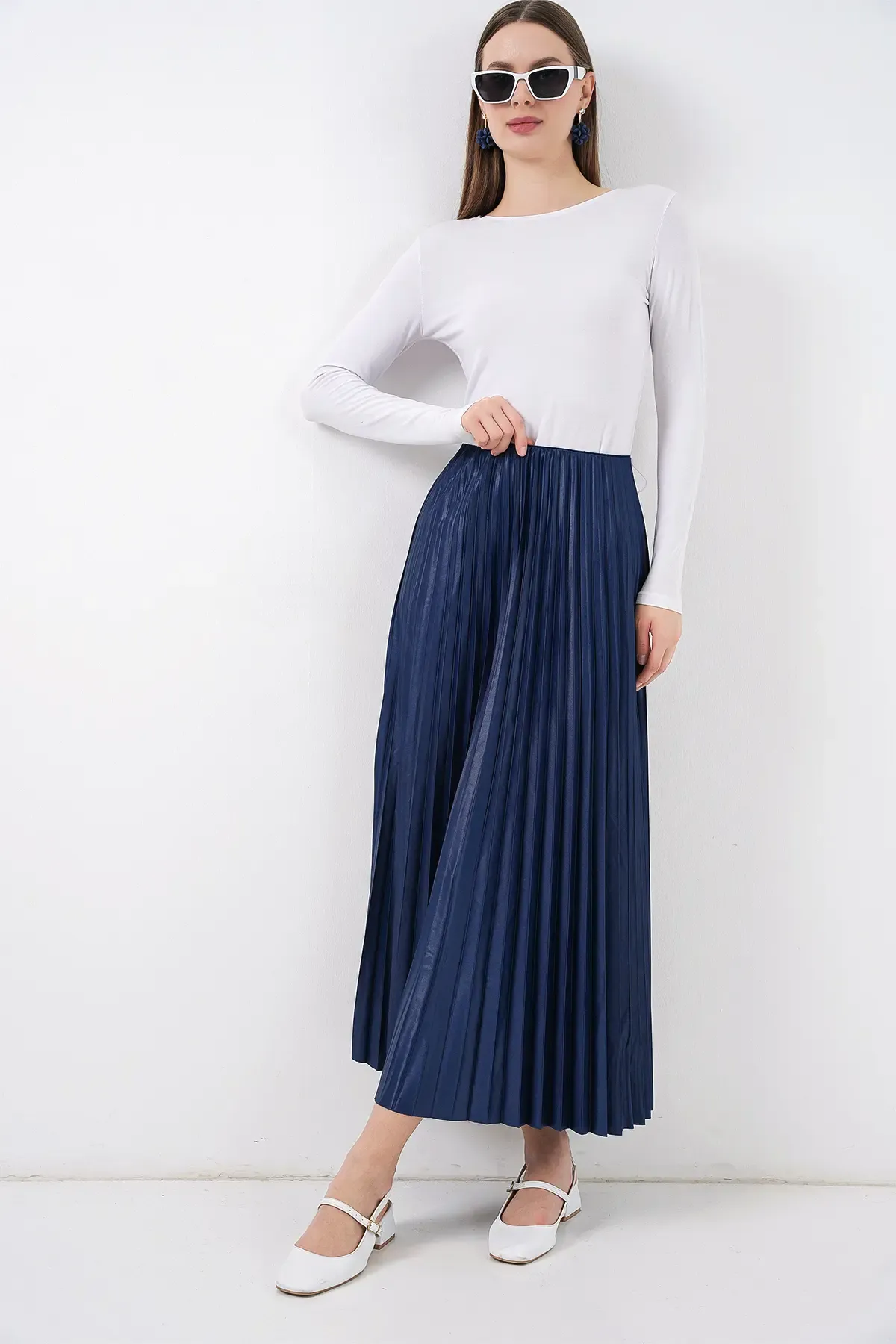 8009 Deri Görünümlü Piliseli Etek - Lacivert