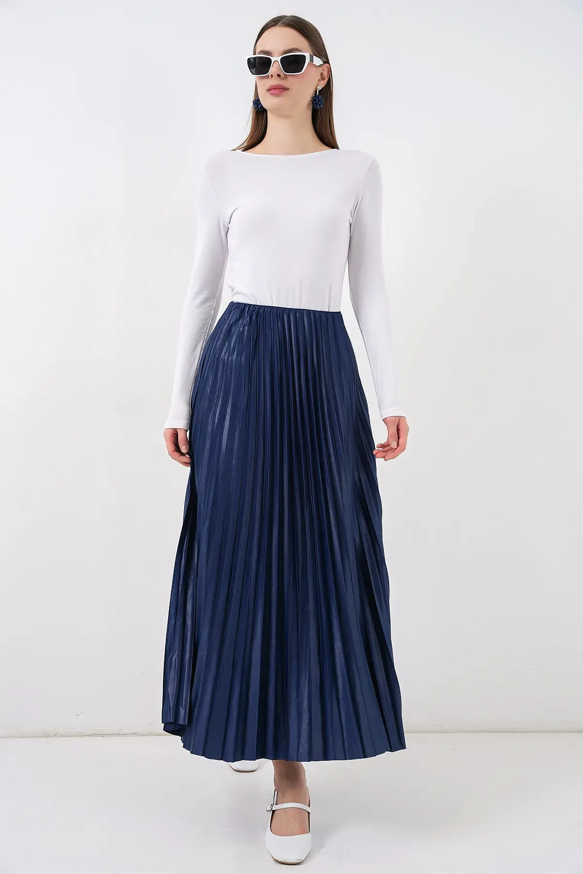 8009 Deri Görünümlü Piliseli Etek - Lacivert