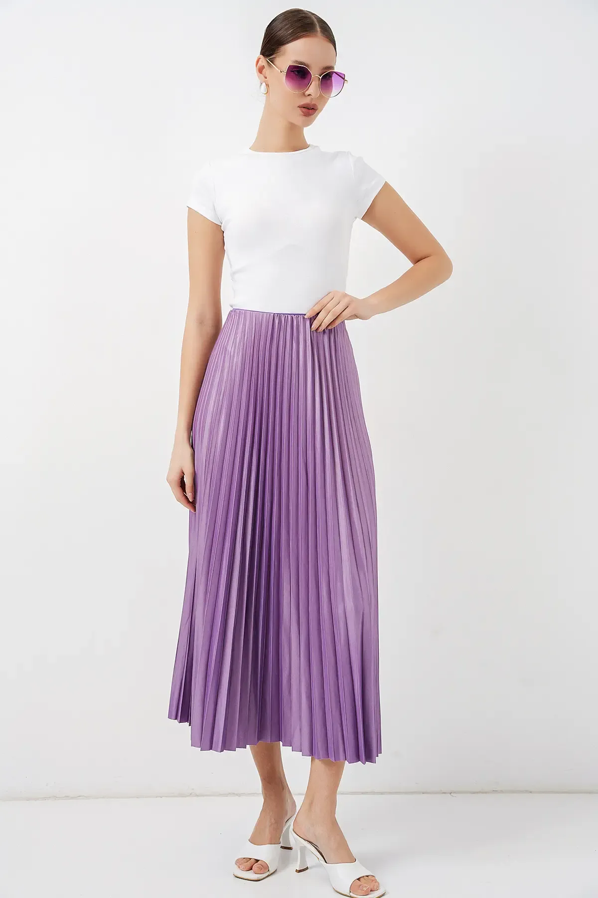 8009 Deri Görünümlü Piliseli Etek - Lila