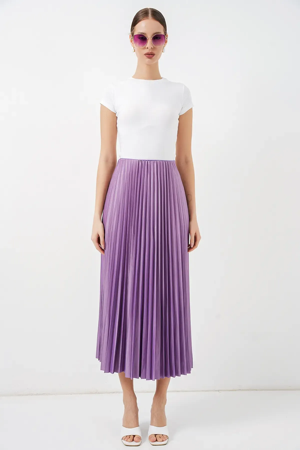 8009 Deri Görünümlü Piliseli Etek - Lila