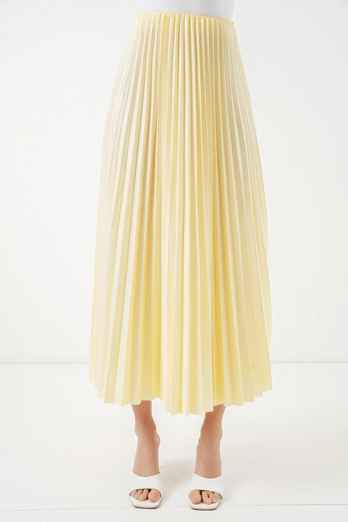 8009 Deri Görünümlü Piliseli Etek - Sarı