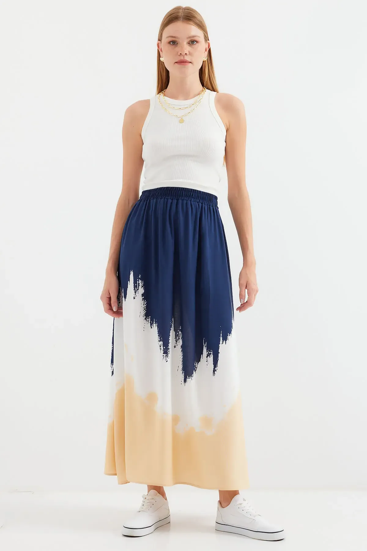 8025 Desenli Uzun Viskon Etek - Lacivert