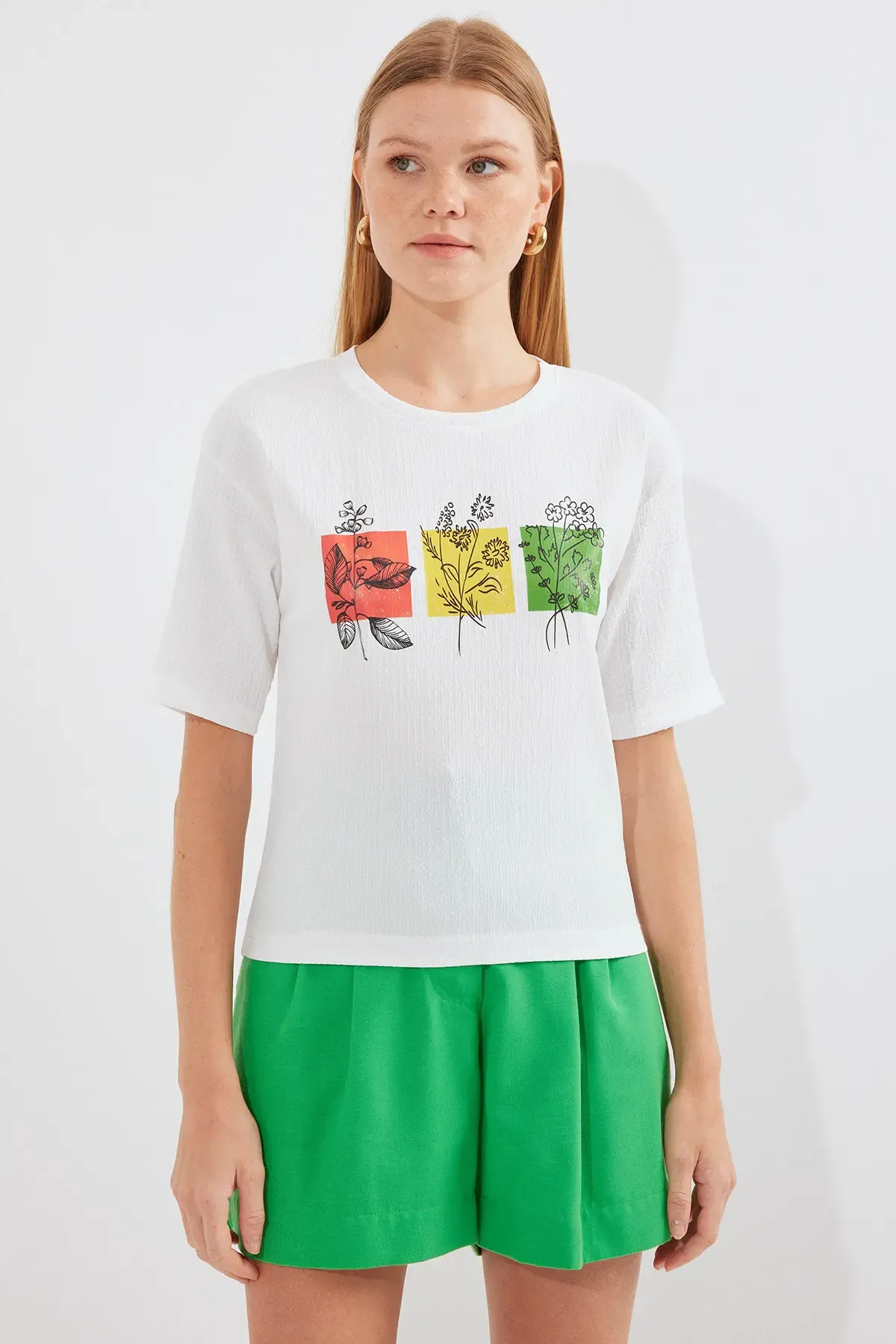 913 Baskılı Örme Basic Tişört - Beyaz